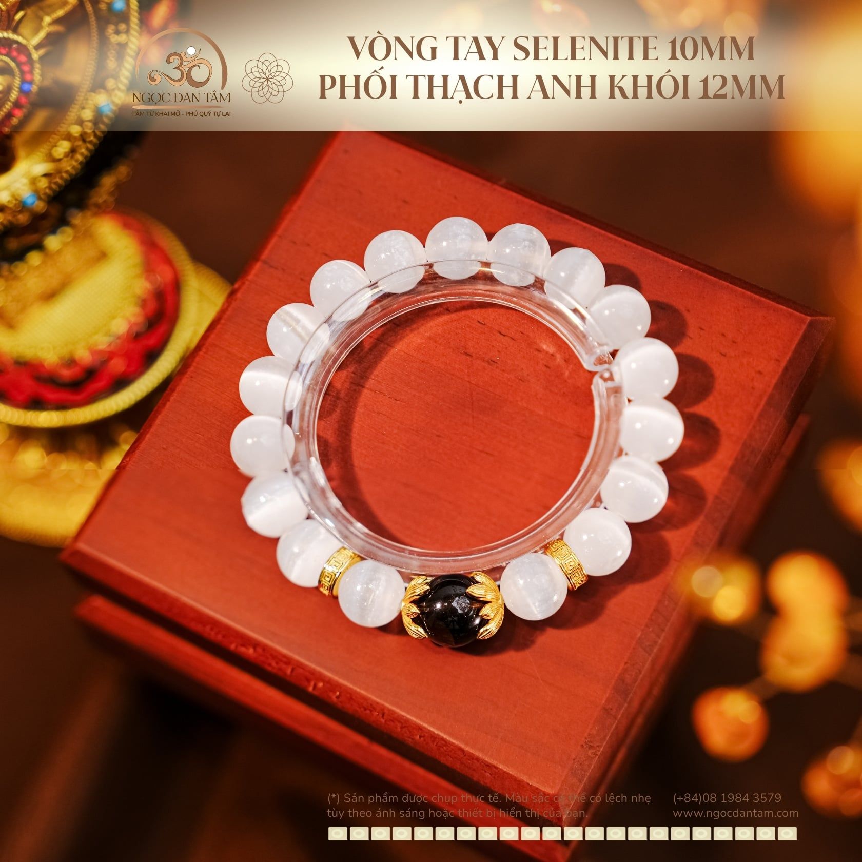  Vòng Tay Selenite 10mm 3A Phối Thạch Anh Khói 12mm 2A 