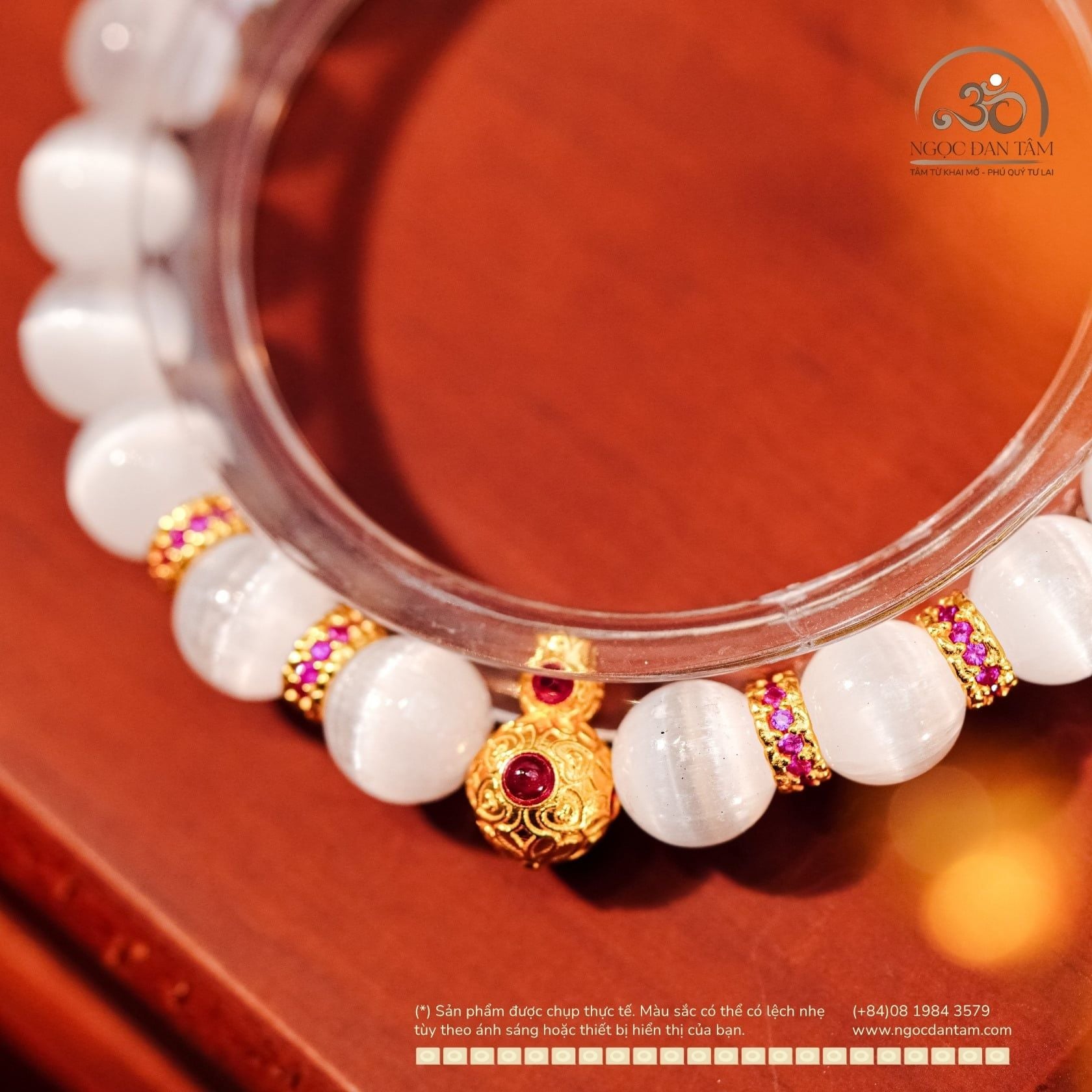  Vòng Tay Đá Selenite 8mm 2A Phối Charm Hồ Lô Đính RuBy 