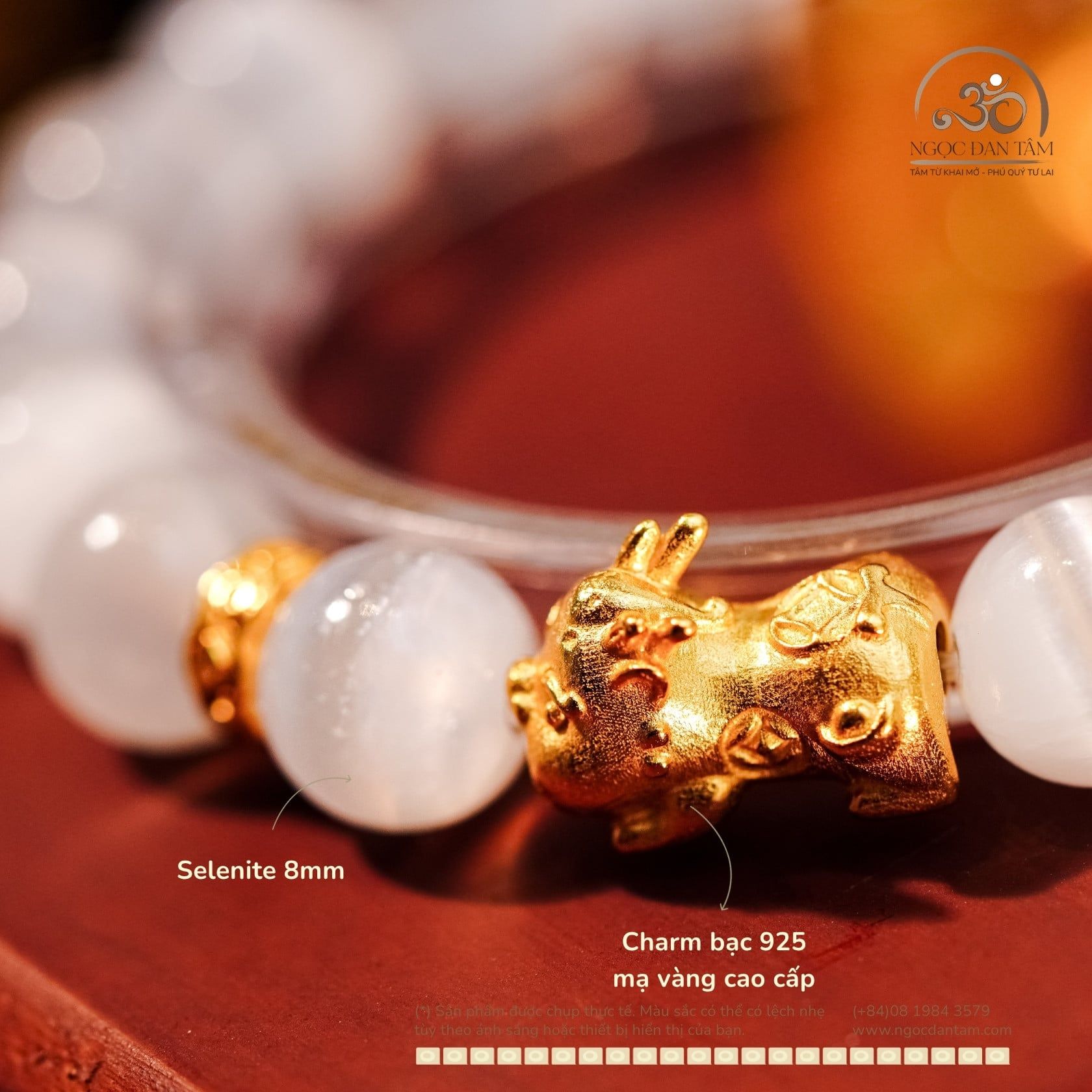  Vòng Tay Đá Selenite 10mm 2A Phối Charm Tỳ Hưu 