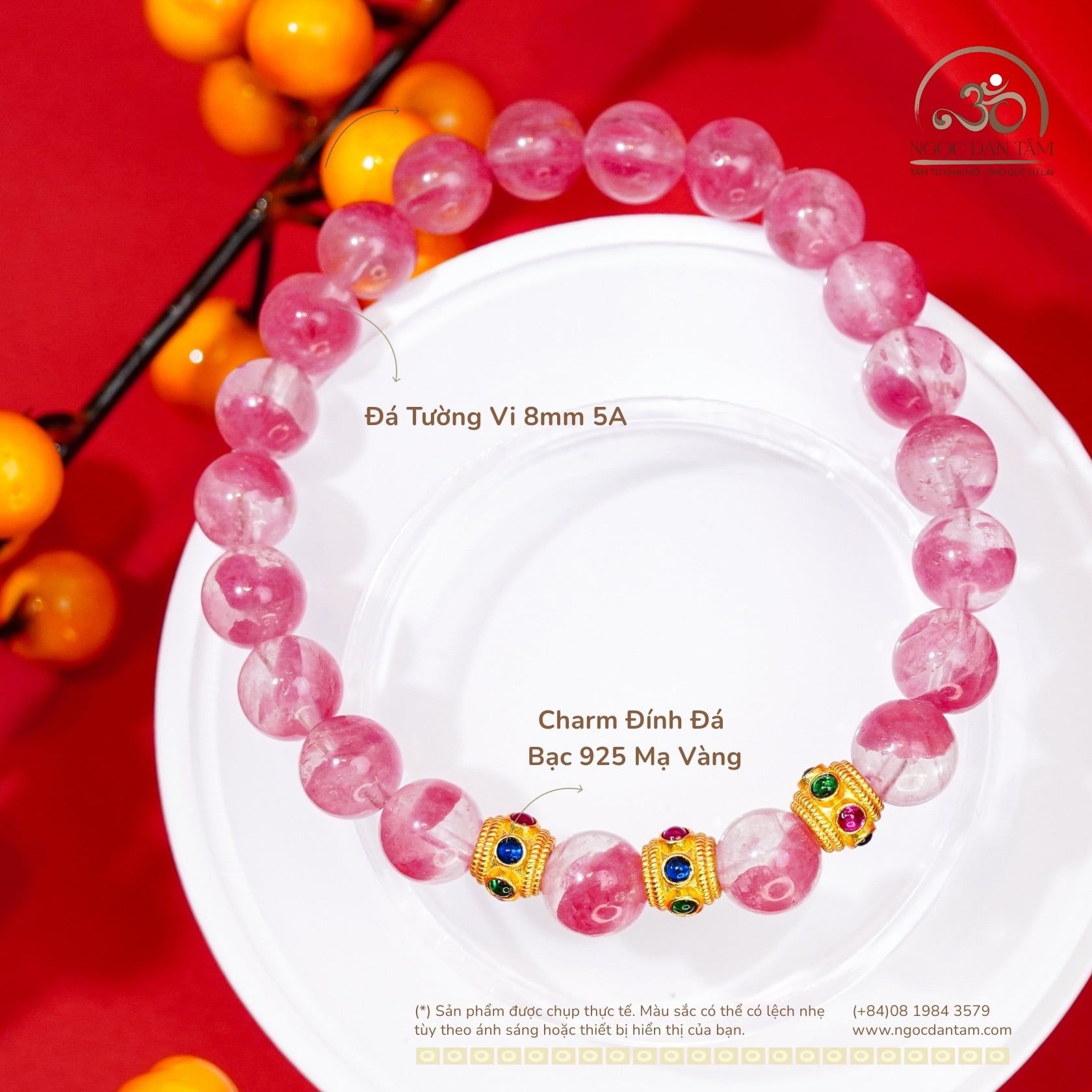  Vòng Tay Đá Tường Vi 8mm 5A Phối Charm Tròn Đính Đá 3 Màu 