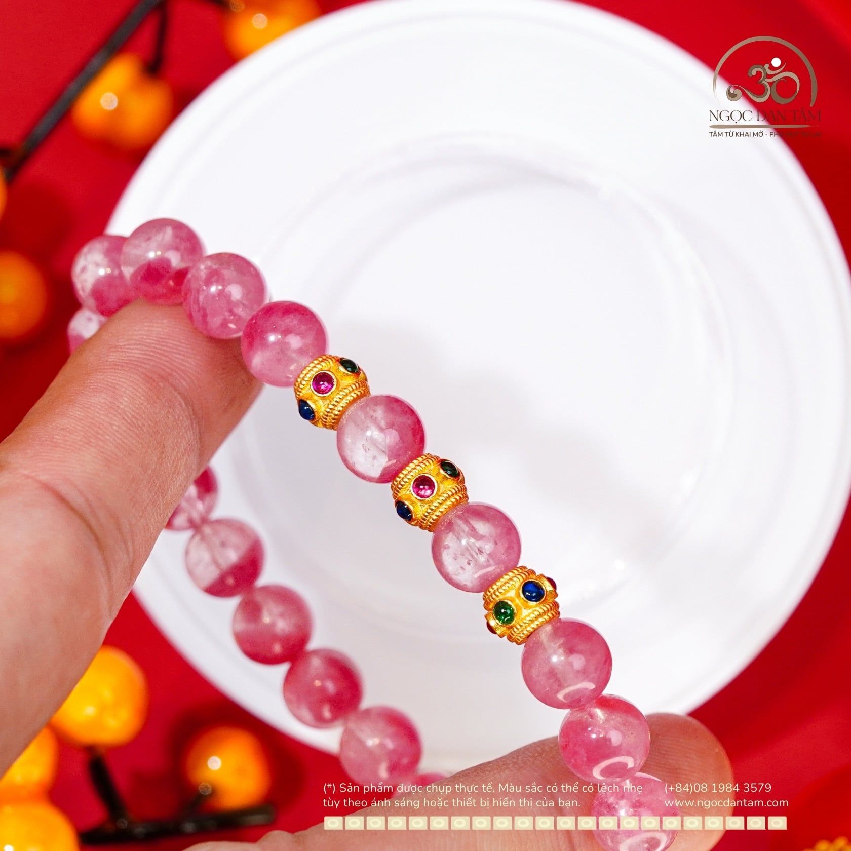  Vòng Tay Đá Tường Vi 8mm 5A Phối Charm Tròn Đính Đá 3 Màu 