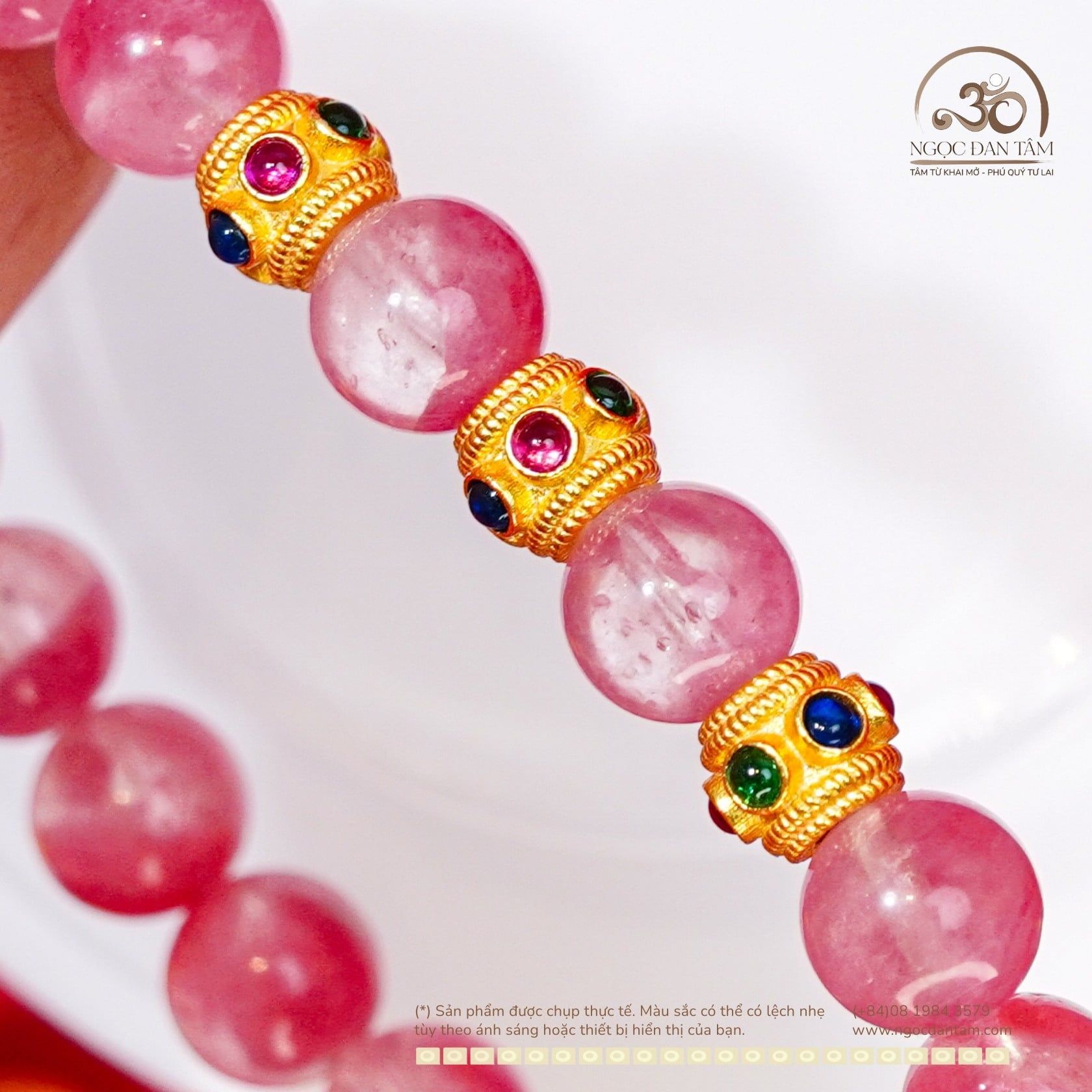  Vòng Tay Đá Tường Vi 8mm 5A Phối Charm Tròn Đính Đá 3 Màu 