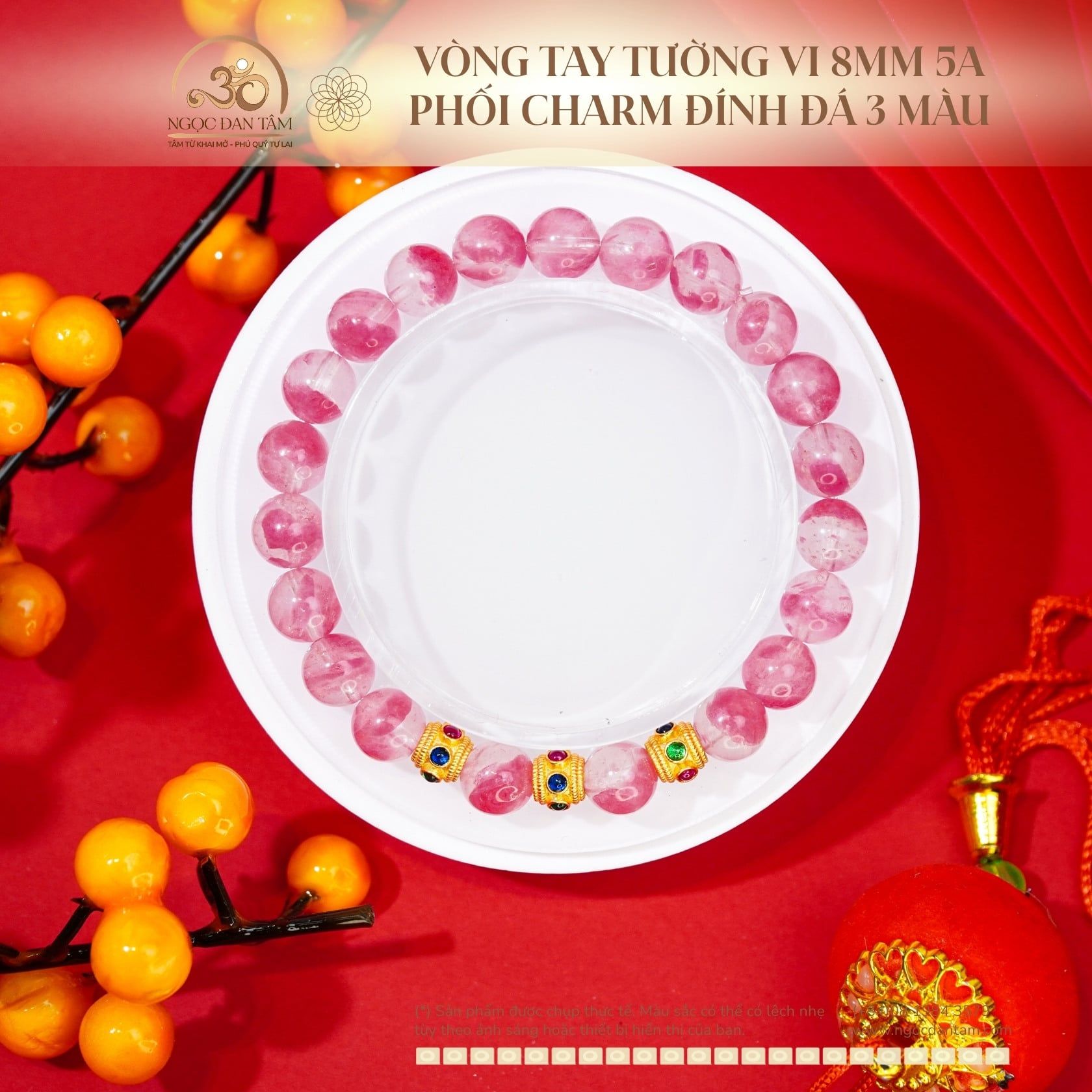  Vòng Tay Đá Tường Vi 8mm 5A Phối Charm Tròn Đính Đá 3 Màu 