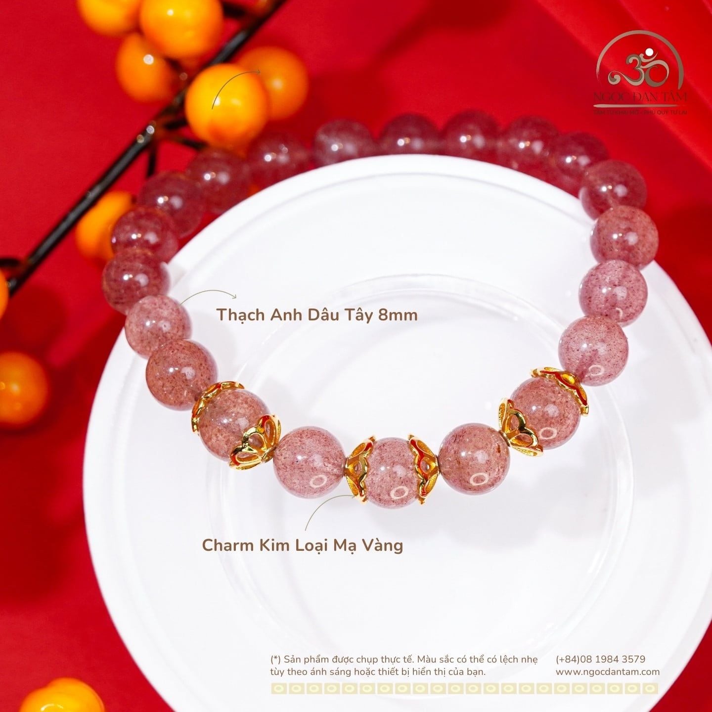  Vòng Tay Thạch Anh Dâu Tây 8mm Phối Charm Ốp Đá 