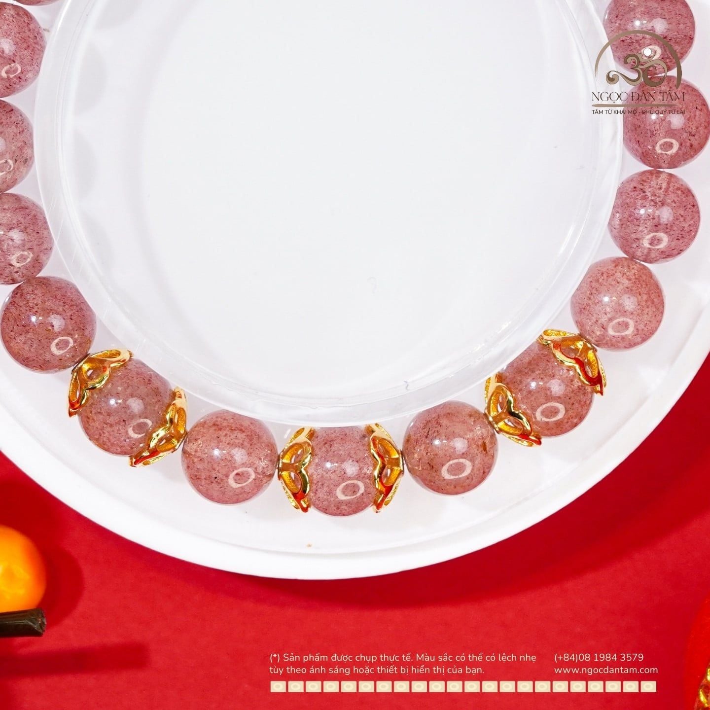  Vòng Tay Thạch Anh Dâu Tây 8mm Phối Charm Ốp Đá 