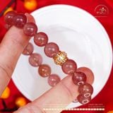  Vòng tay Thạch Anh Dâu Tây 10mm 2A Phối Charm Trụ Tròn Đính Hạt Xanh Mạ Vàng 