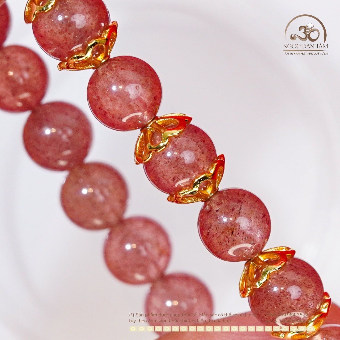  Vòng Tay Thạch Anh Dâu Tây 8mm Phối Charm Ốp Đá 