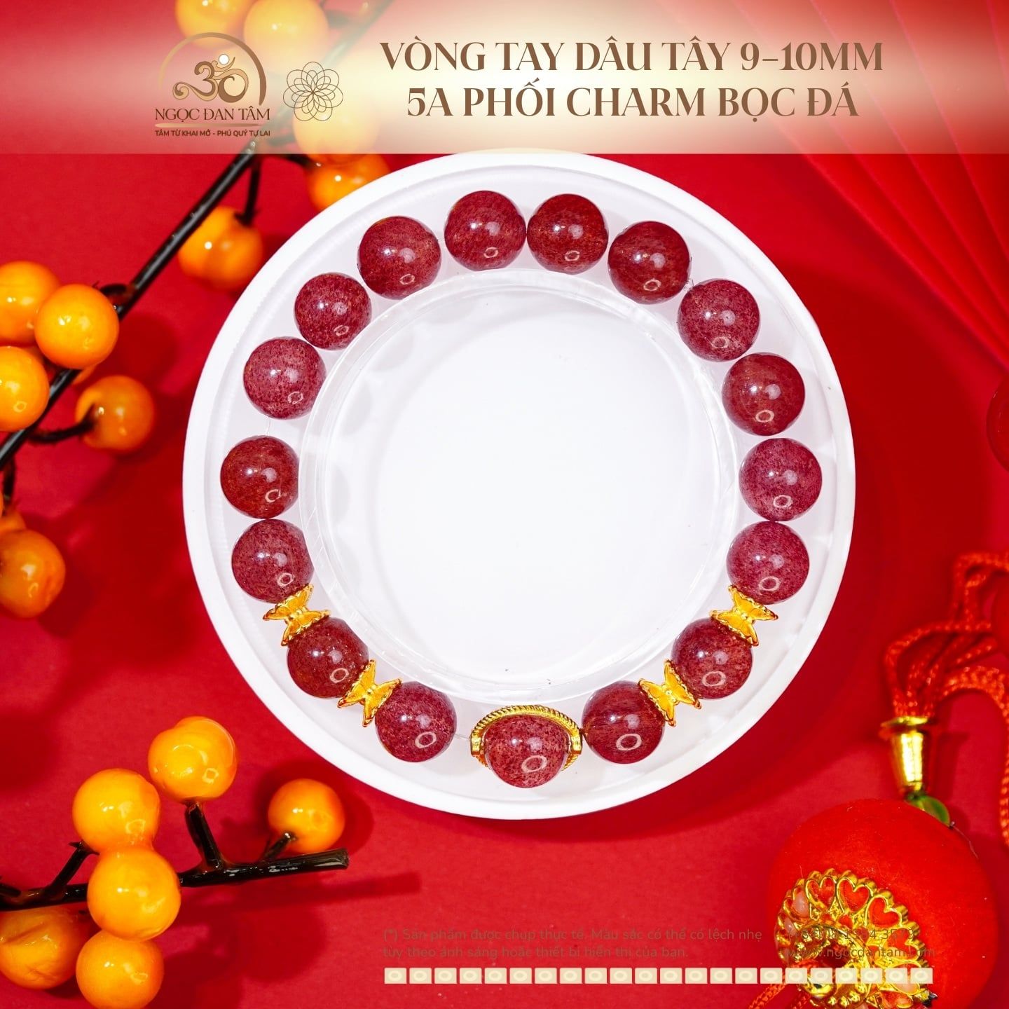 Vòng Tay Dâu Tây 9-10mm 5A Phối Charm Bọc Đá 