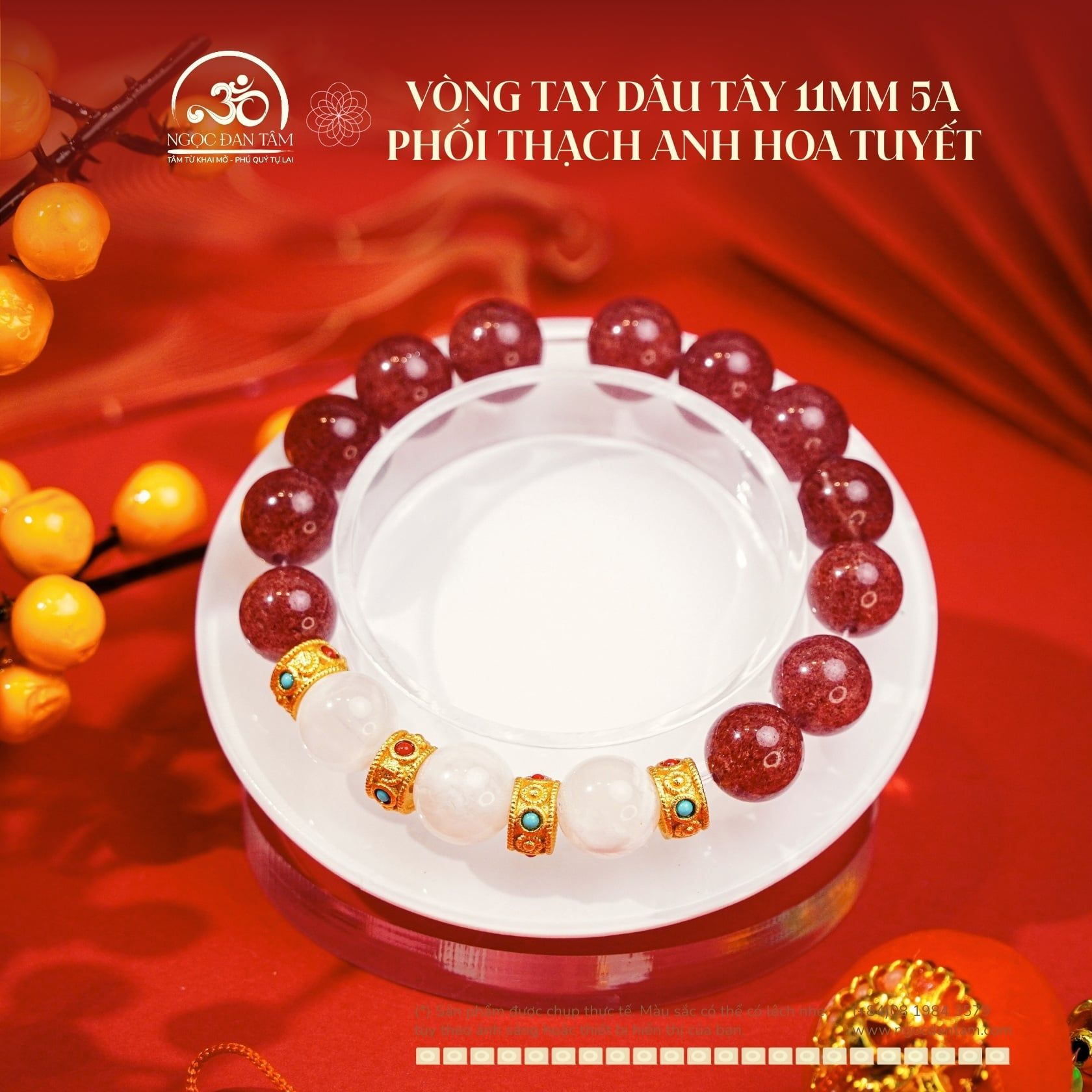  Vòng Tay Dâu Tây 11mm 5A Phối Thạch Anh Hoa Tuyết 11mm 