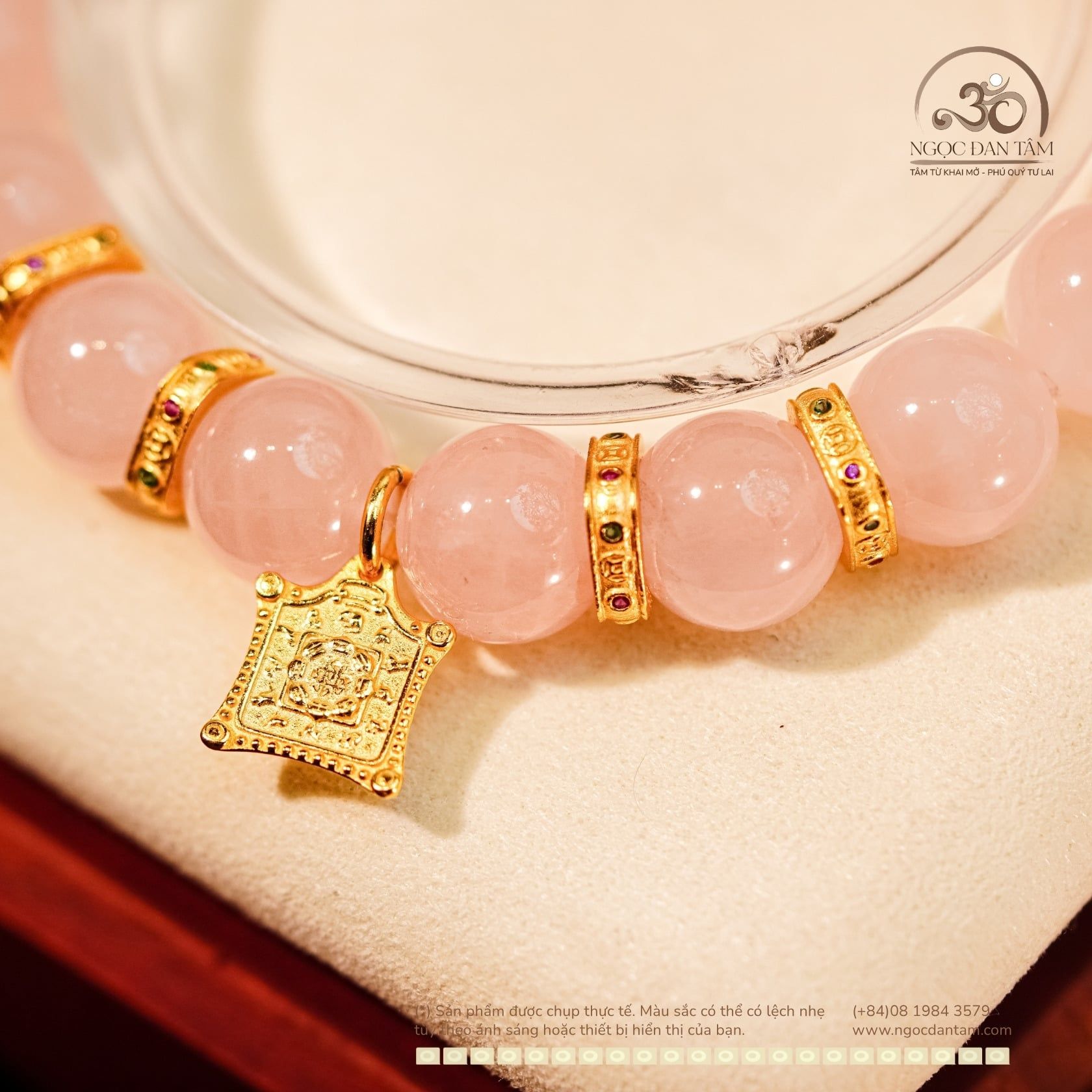  Vòng Tay Thạch Anh Hồng 10mm 4A Phối Charm Bánh Xe Pháp Luân 