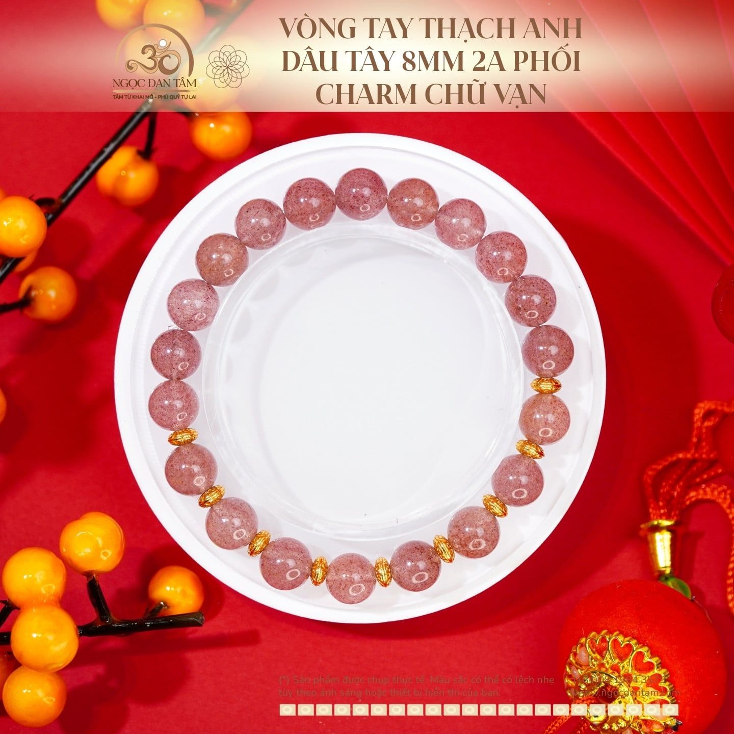  Vòng Tay Thạch Anh Dâu Tây 8mm 2A Phối Charm Chữ Vạn 