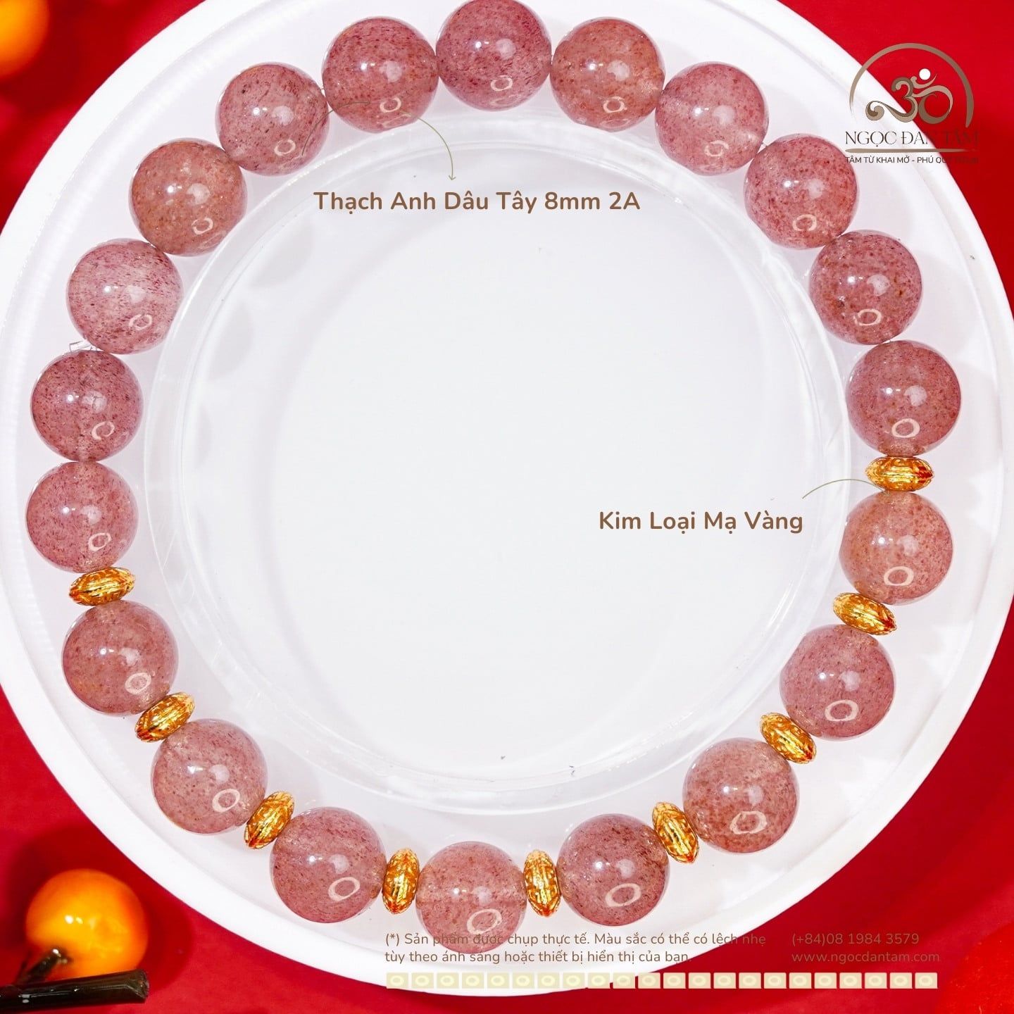 Vòng Tay Thạch Anh Dâu Tây 8mm 2A Phối Charm Chữ Vạn 