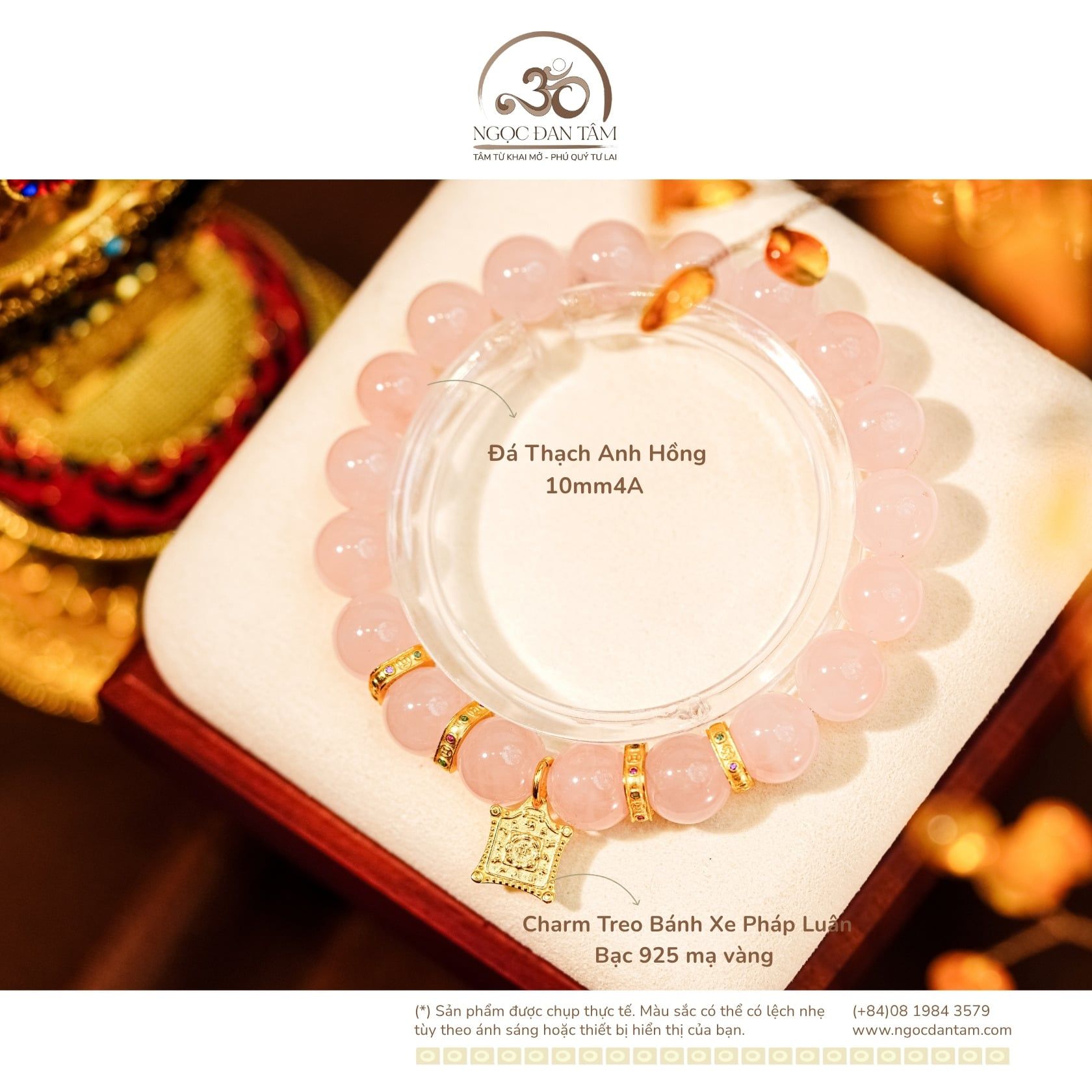  Vòng Tay Thạch Anh Hồng 10mm 4A Phối Charm Bánh Xe Pháp Luân 