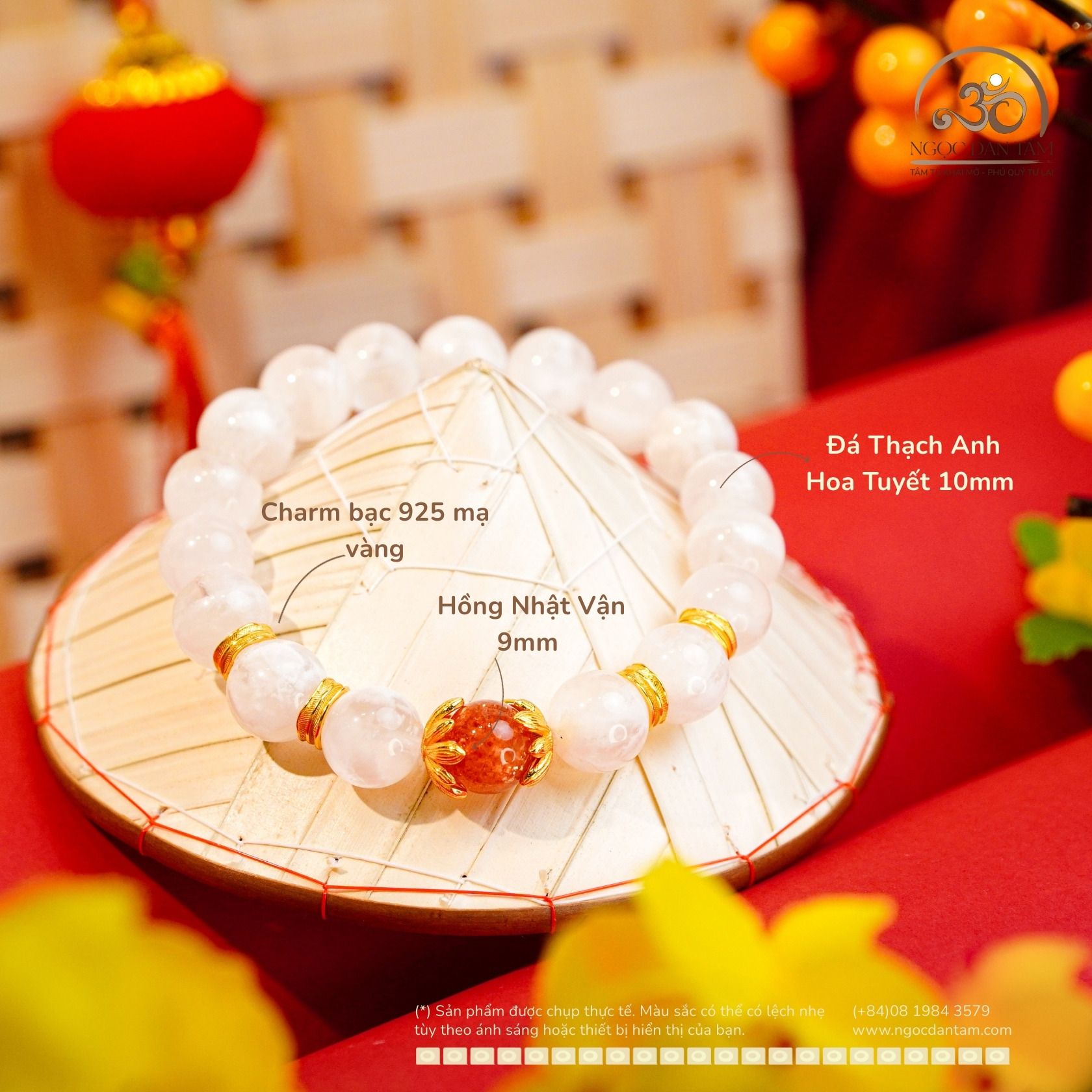  Vòng Tay Thạch Anh Hoa Tuyết 10mm Phối Hồng Nhật Vận 9mm 