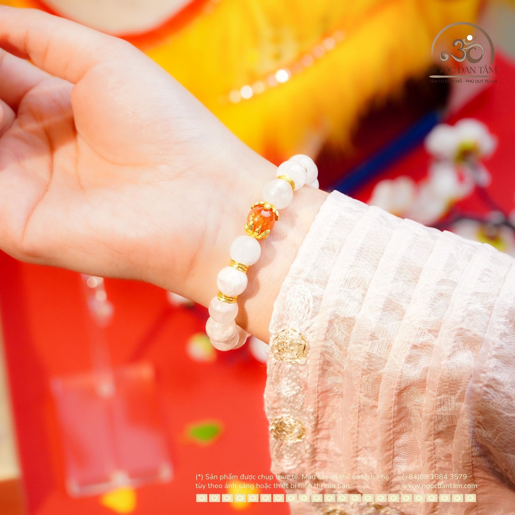  Vòng Tay Thạch Anh Hoa Tuyết 10mm Phối Hồng Nhật Vận 9mm 