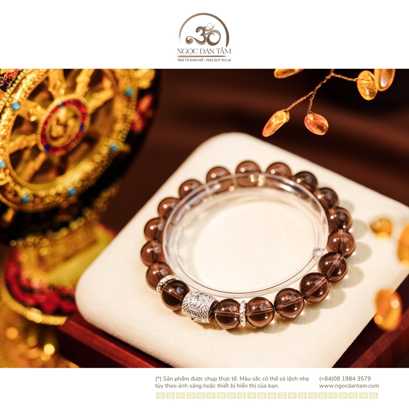  Vòng Tay Thạch Anh Khói 10mm 2A Phối Charm Tròn Bạc Phúc Hoa 