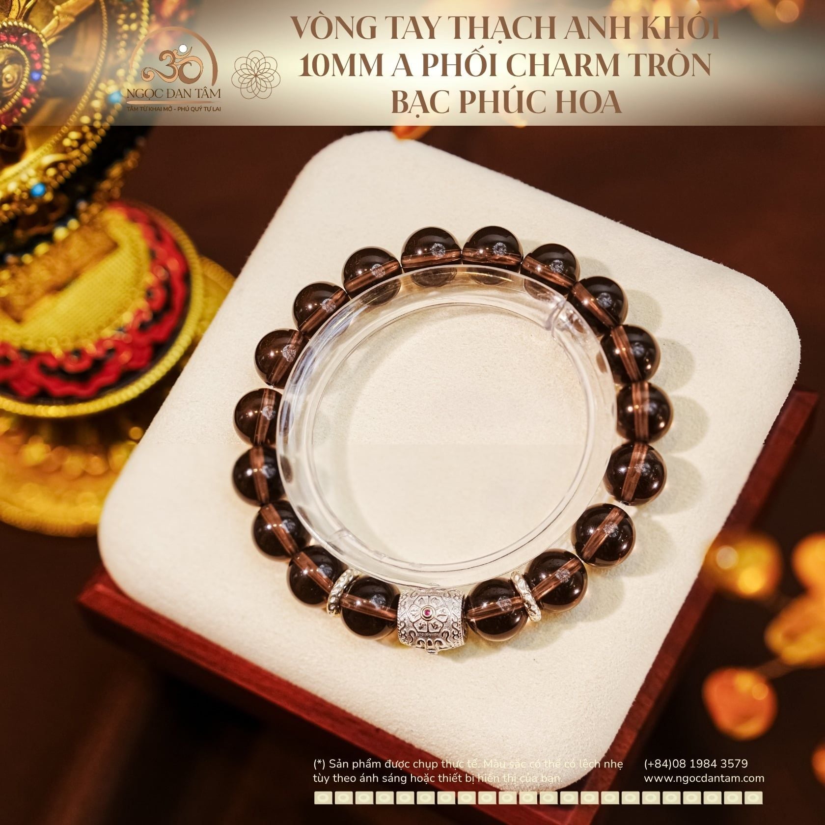  Vòng Tay Thạch Anh Khói 10mm 2A Phối Charm Tròn Bạc Phúc Hoa 