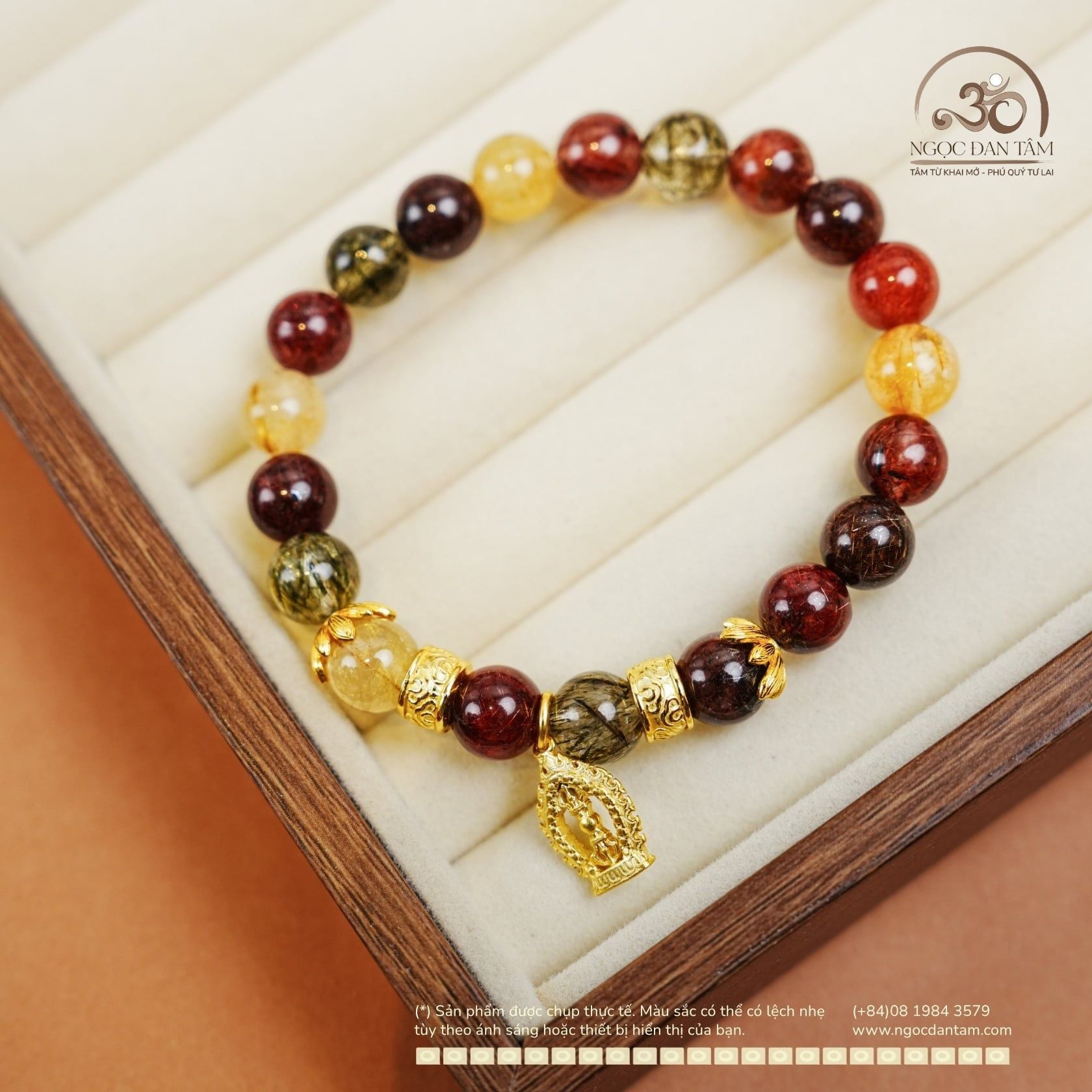  Vòng Tay Thạch Anh Tóc Hỗn Hợp 8mm 5A Phối Charm Kim Cang Tháp 