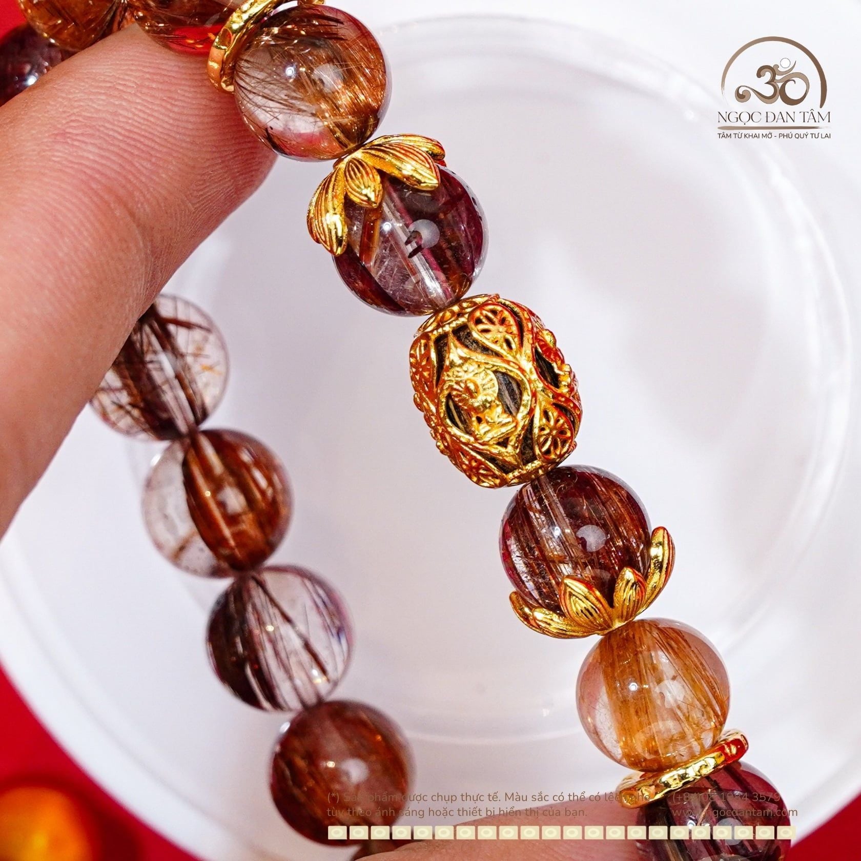  Vòng Tay Thạch Anh Tóc Hỗn Hợp Vip 10mm 7A Phối Charm Tam Thánh Pháp Luân 