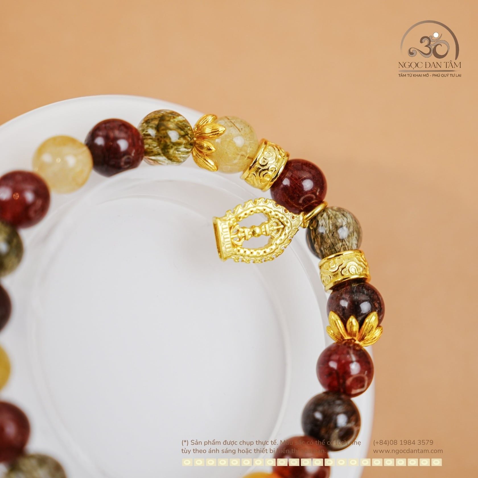  Vòng Tay Thạch Anh Tóc Hỗn Hợp 8mm 5A Phối Charm Kim Cang Tháp 