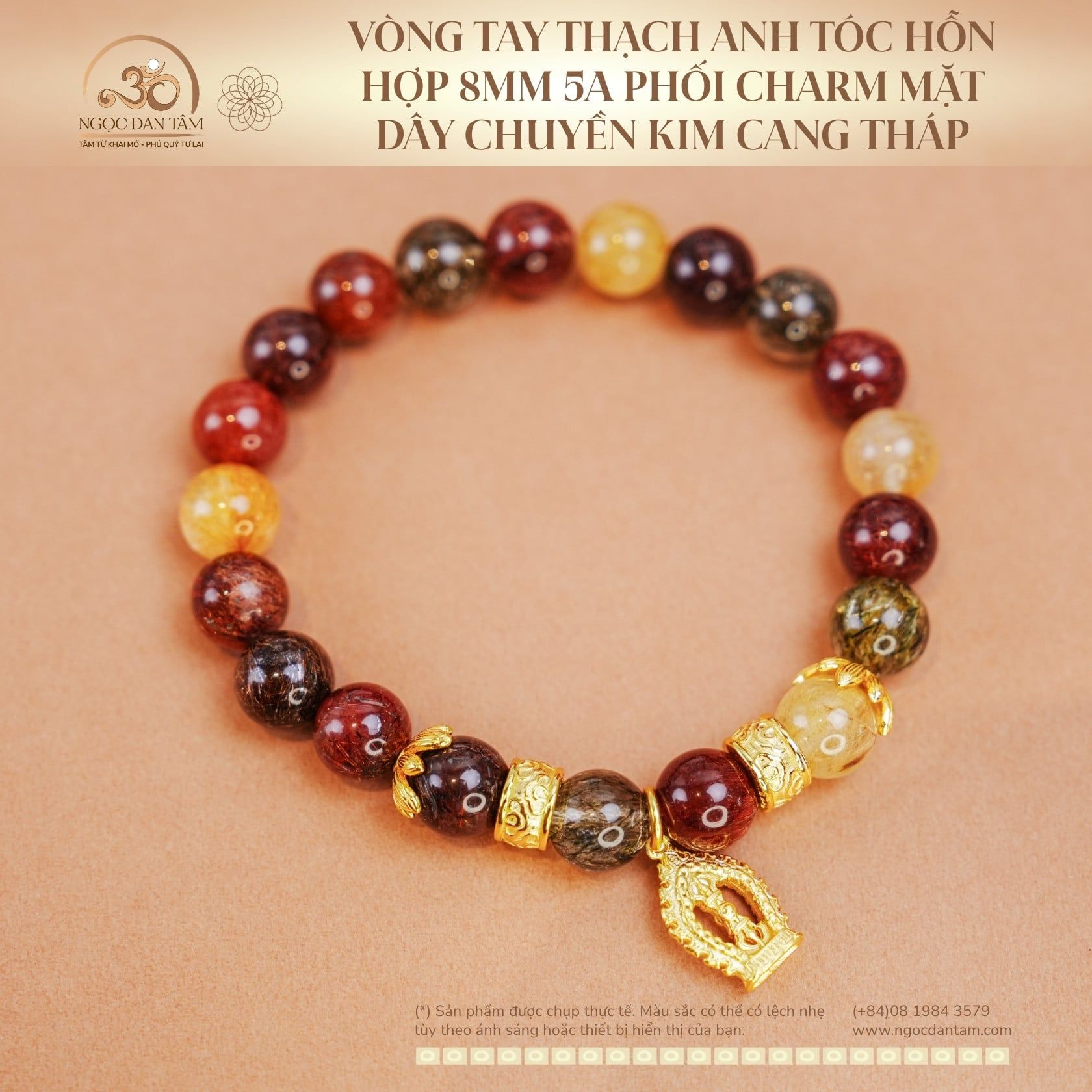 Vòng Tay Thạch Anh Tóc Hỗn Hợp 8mm 5A Phối Charm Kim Cang Tháp 