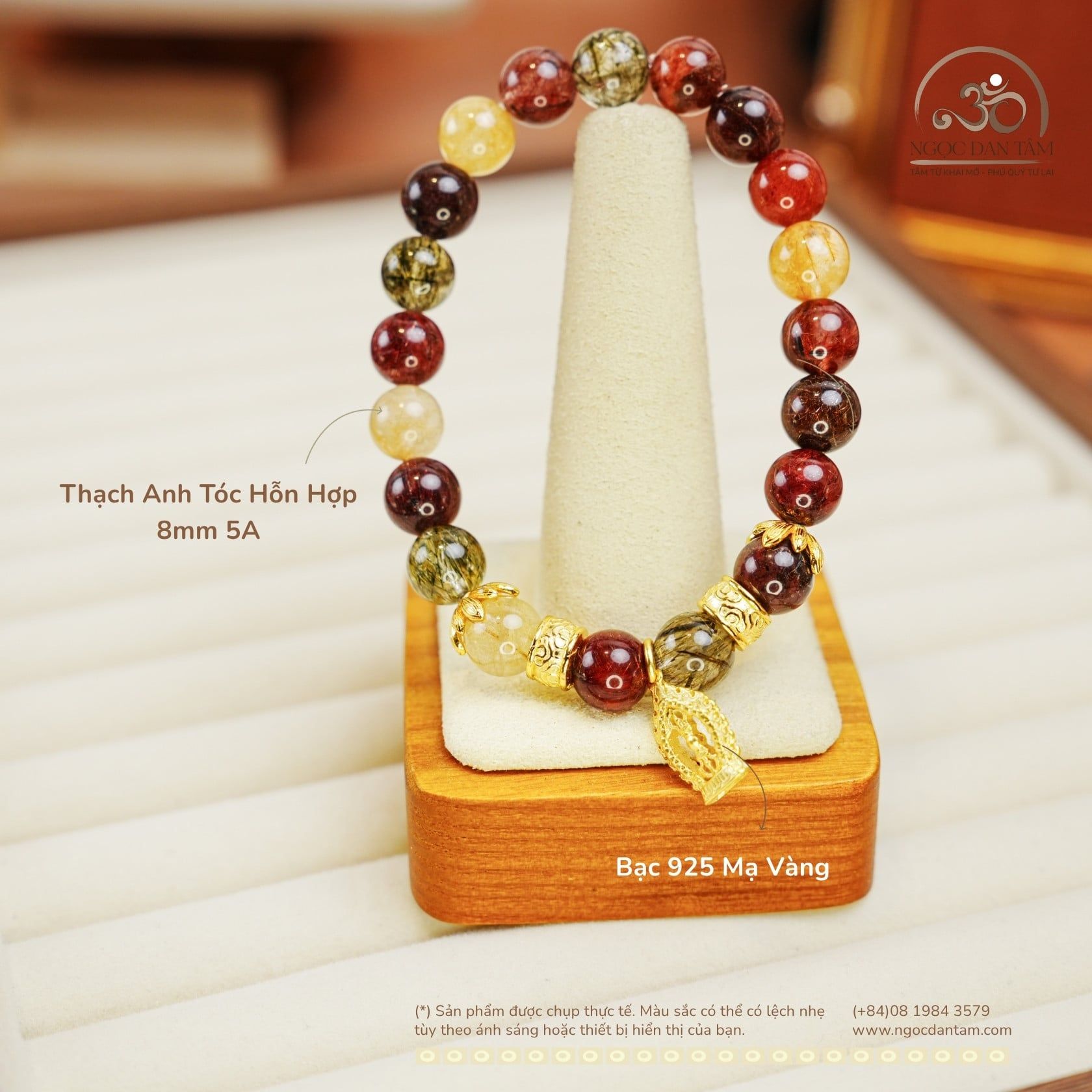  Vòng Tay Thạch Anh Tóc Hỗn Hợp 8mm 5A Phối Charm Kim Cang Tháp 