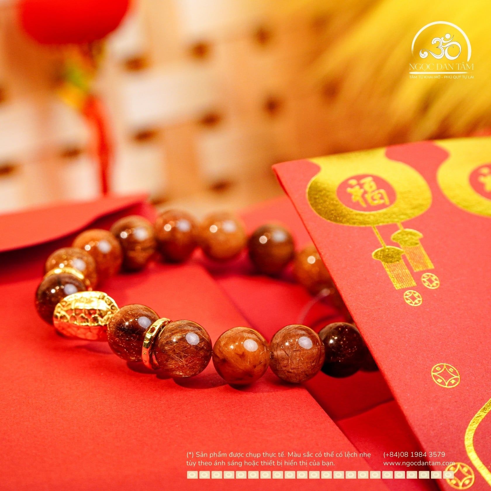  Vòng Tay Thạch Anh Tóc Nâu 11mm Phối Charm Mai Rùa 