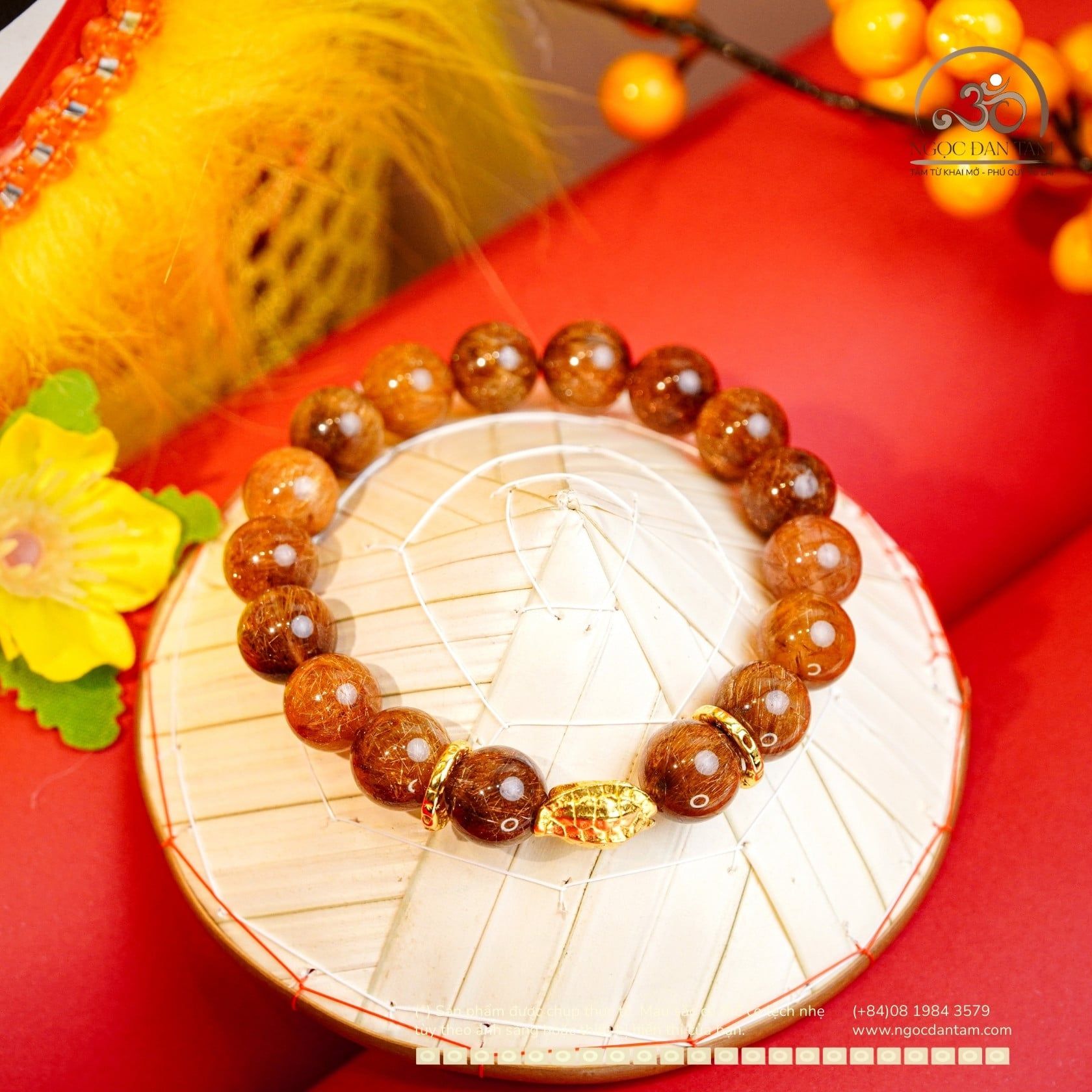  Vòng Tay Thạch Anh Tóc Nâu 11mm Phối Charm Mai Rùa 
