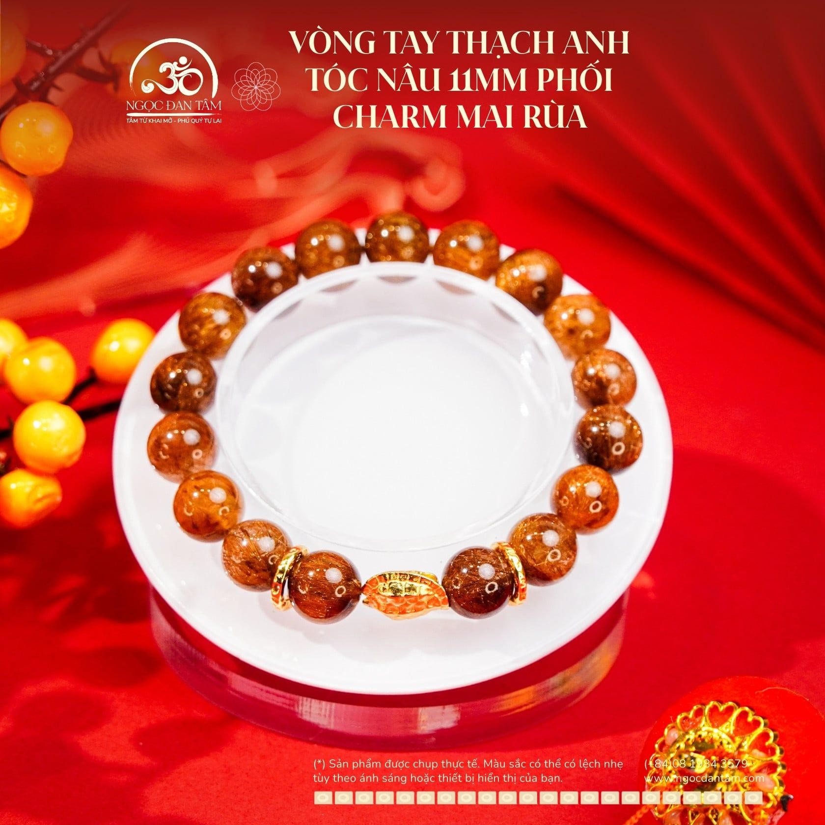  Vòng Tay Thạch Anh Tóc Nâu 11mm Phối Charm Mai Rùa 