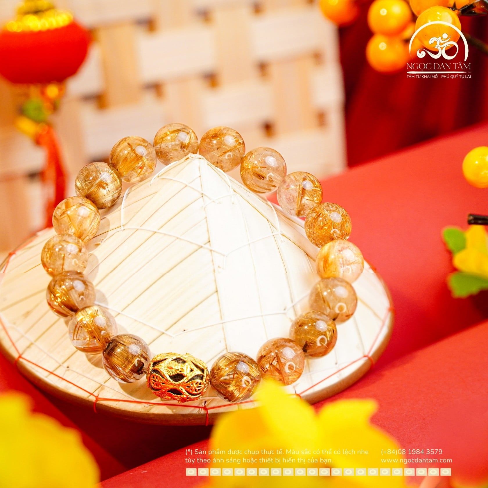  Vòng Tay Thạch Anh Tóc Vàng 9,5mm Phối Charm Tam Thánh Pháp Luân 