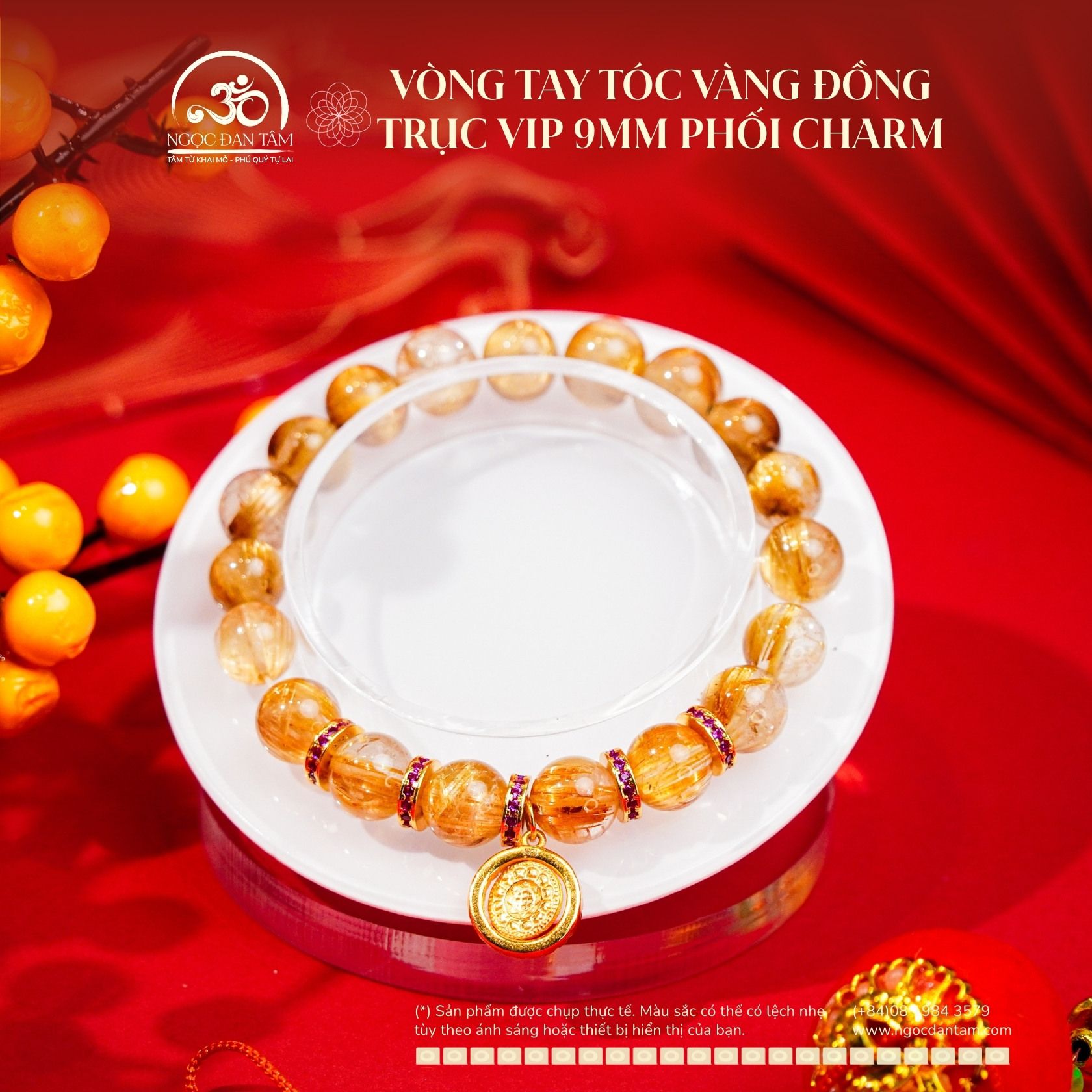  Vòng Tay Thạch Anh Tóc Vàng Đồng Trục Vip 9mm Phối Charm Đính Đá 