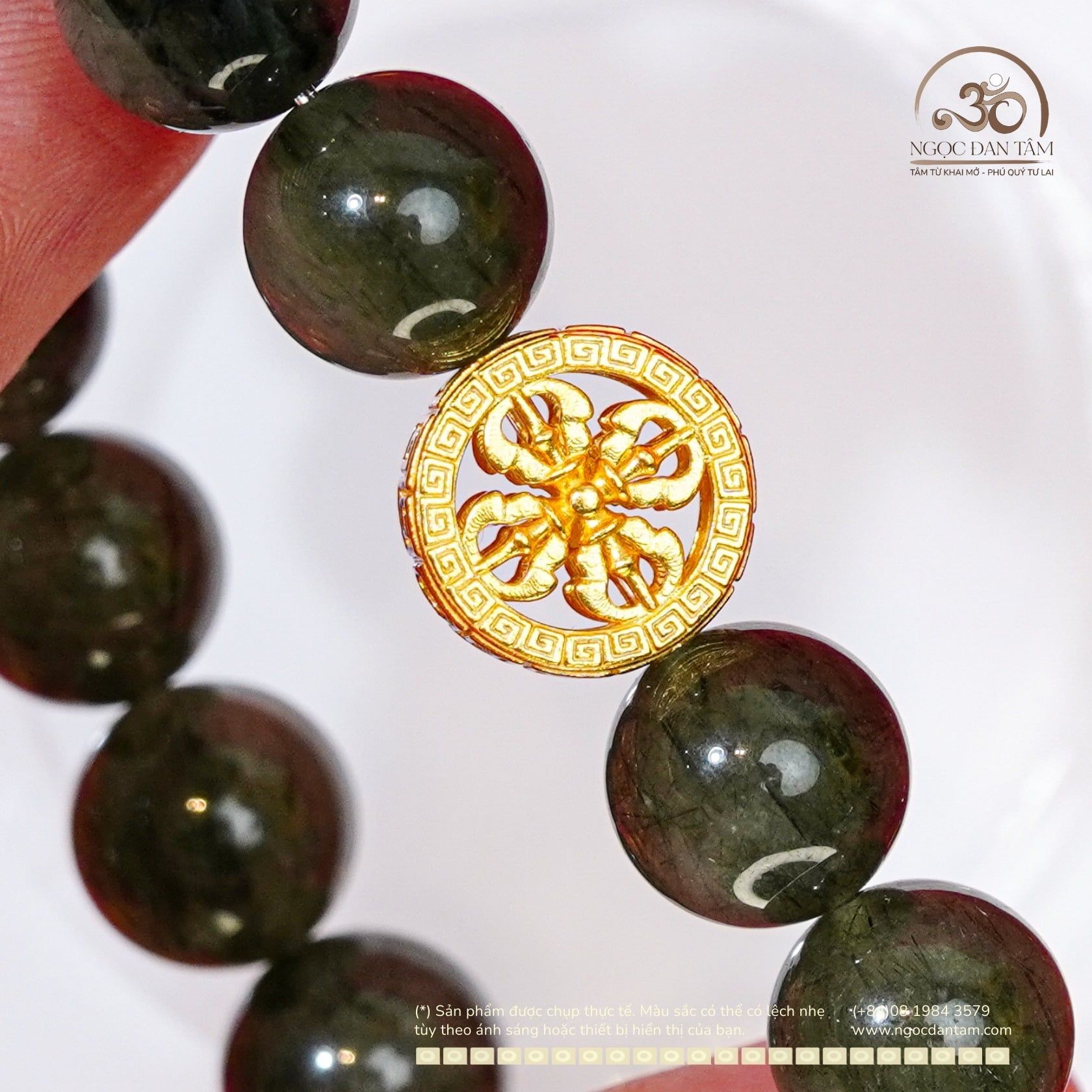  Vòng Tay Thạch Anh Tóc Xanh 11mm 4A Phối Charm Bánh Xe Pháp Luân 