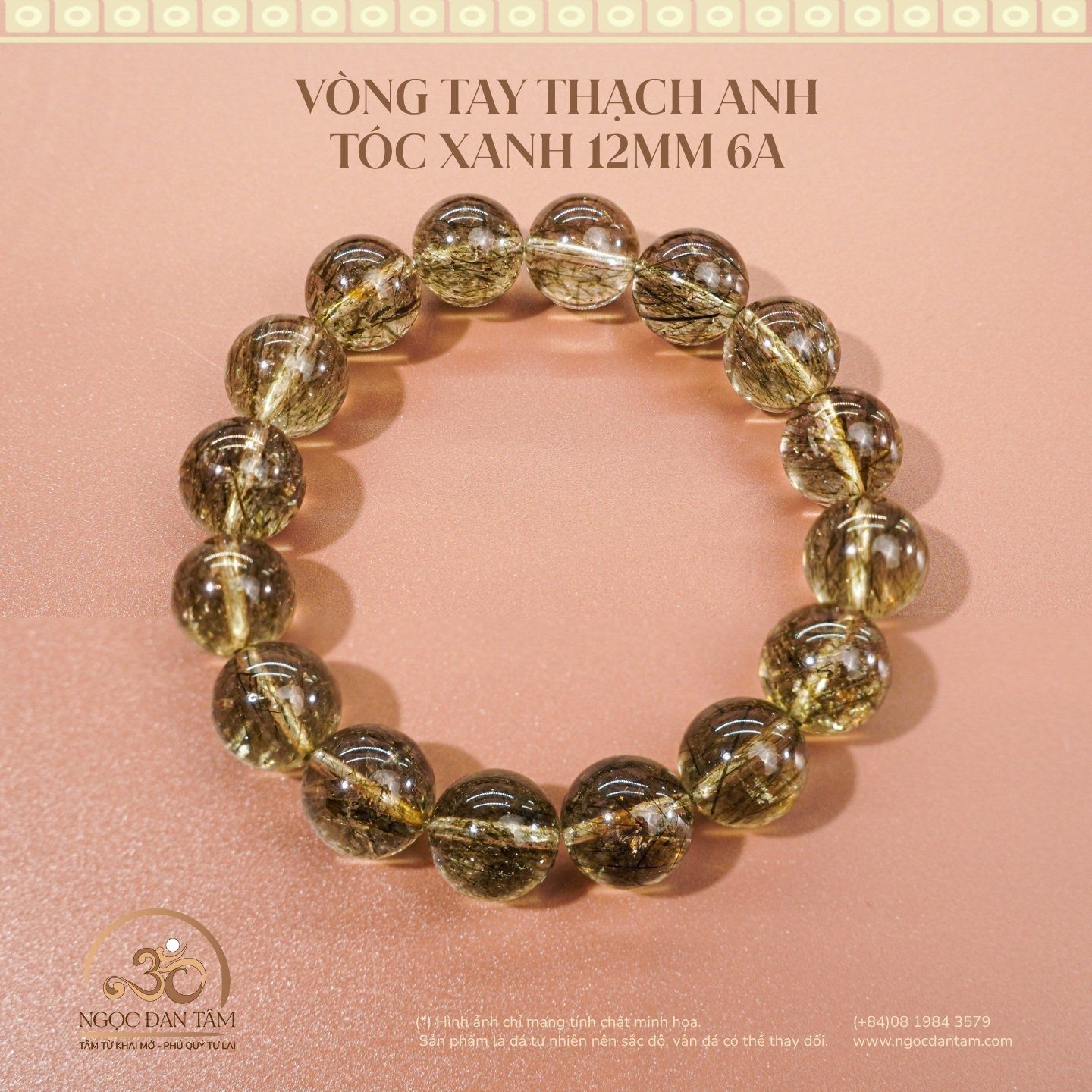  Vòng Tay Thạch Anh Tóc Xanh 12mm 6A 