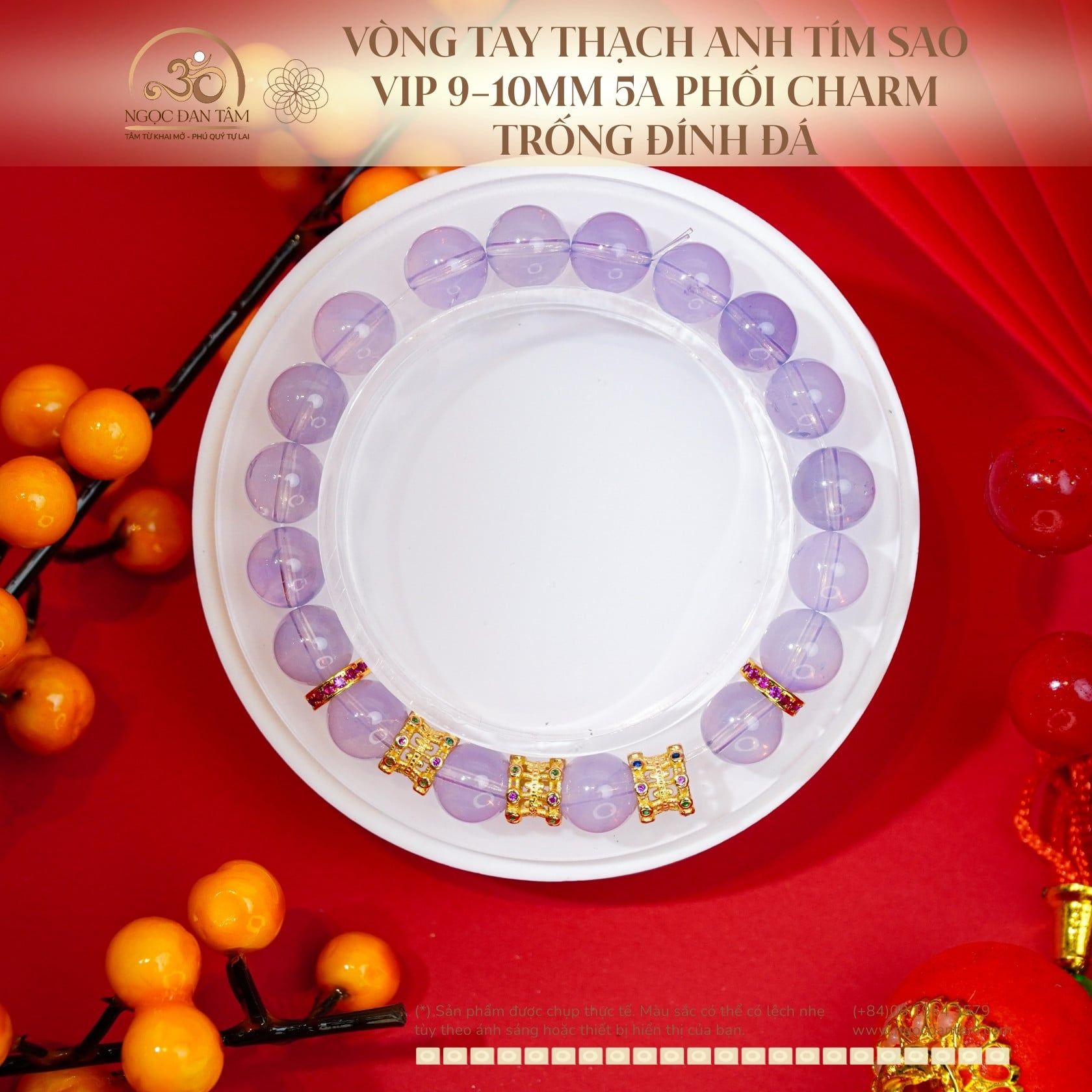  Vòng Tay Thạch Anh Tím Sao Vip 9-10mm 5A Phối Charm Trống Đính Đá 