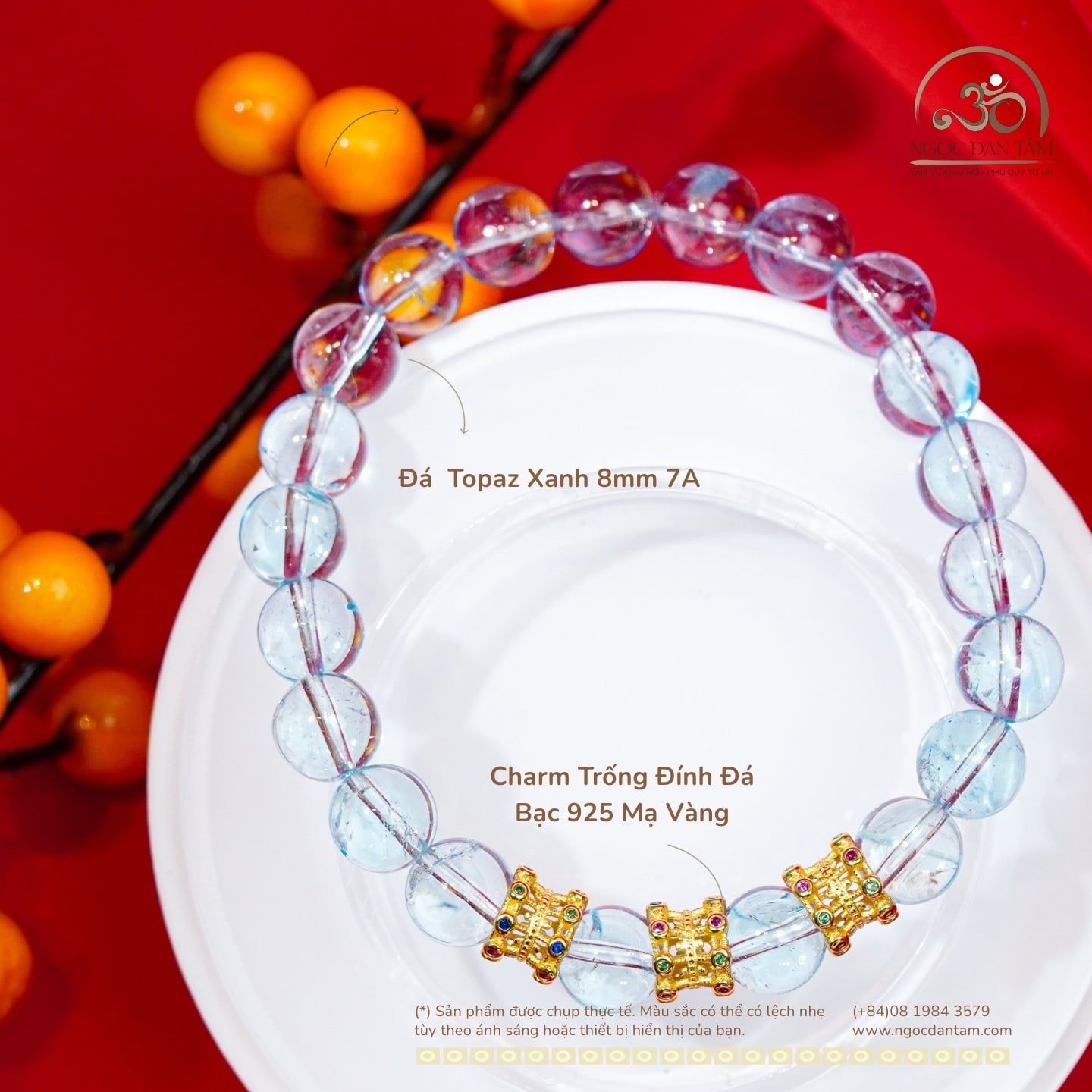  Vòng Tay Topaz Xanh 8mm 7A Phối Charm Trống Đính Đá 