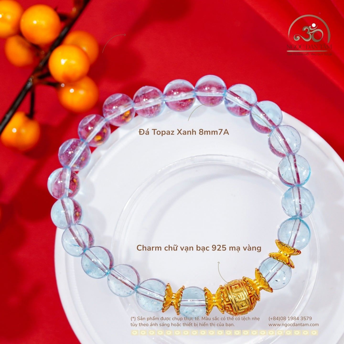  Vòng Tay Topaz Xanh 8mm7A Phối Charm Tròn Chữ Vạn 