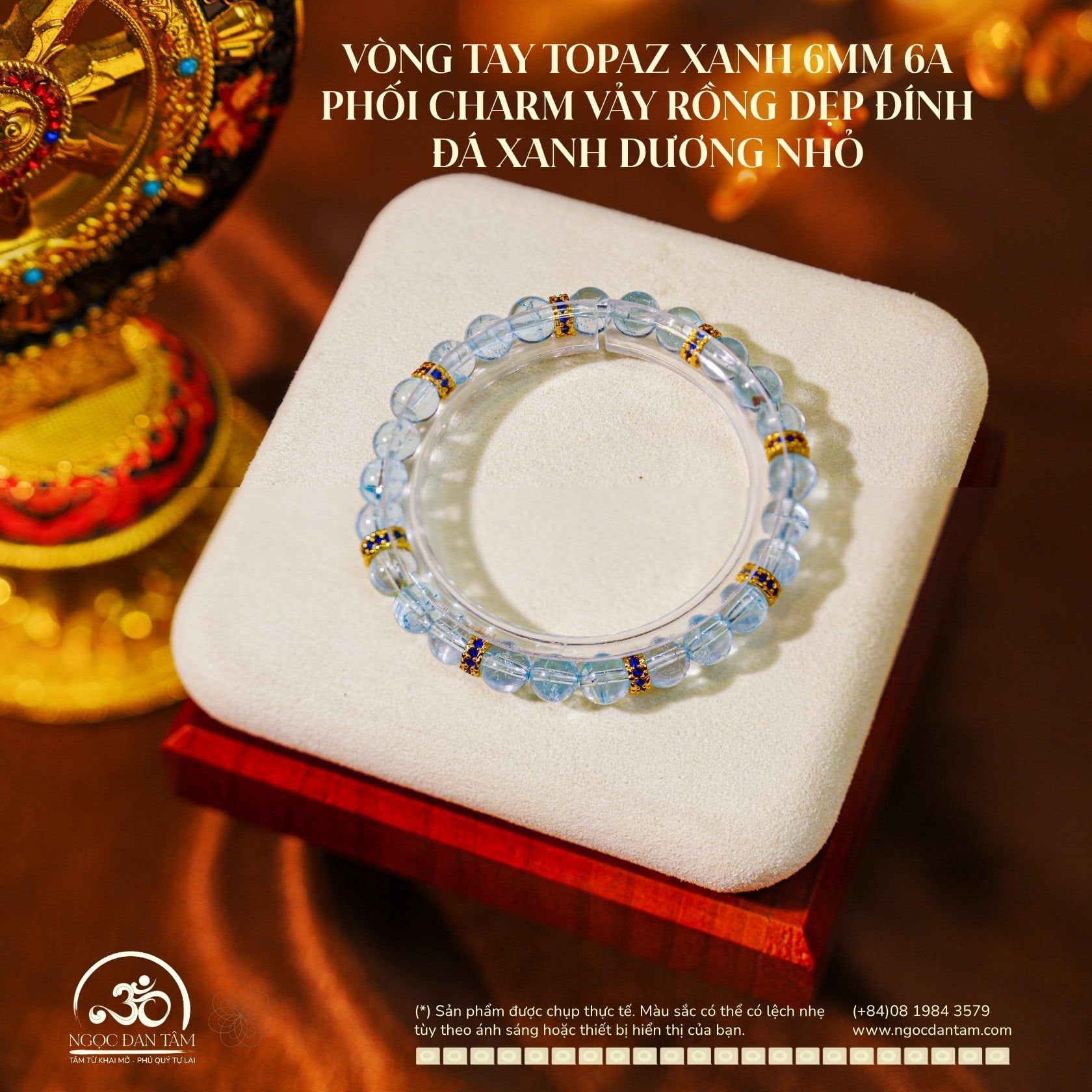  Vòng Tay Topaz Xanh 6mm 6A Phối harm Vảy Rồng Dẹp Đính Đá Xanh Dương Nhỏ 