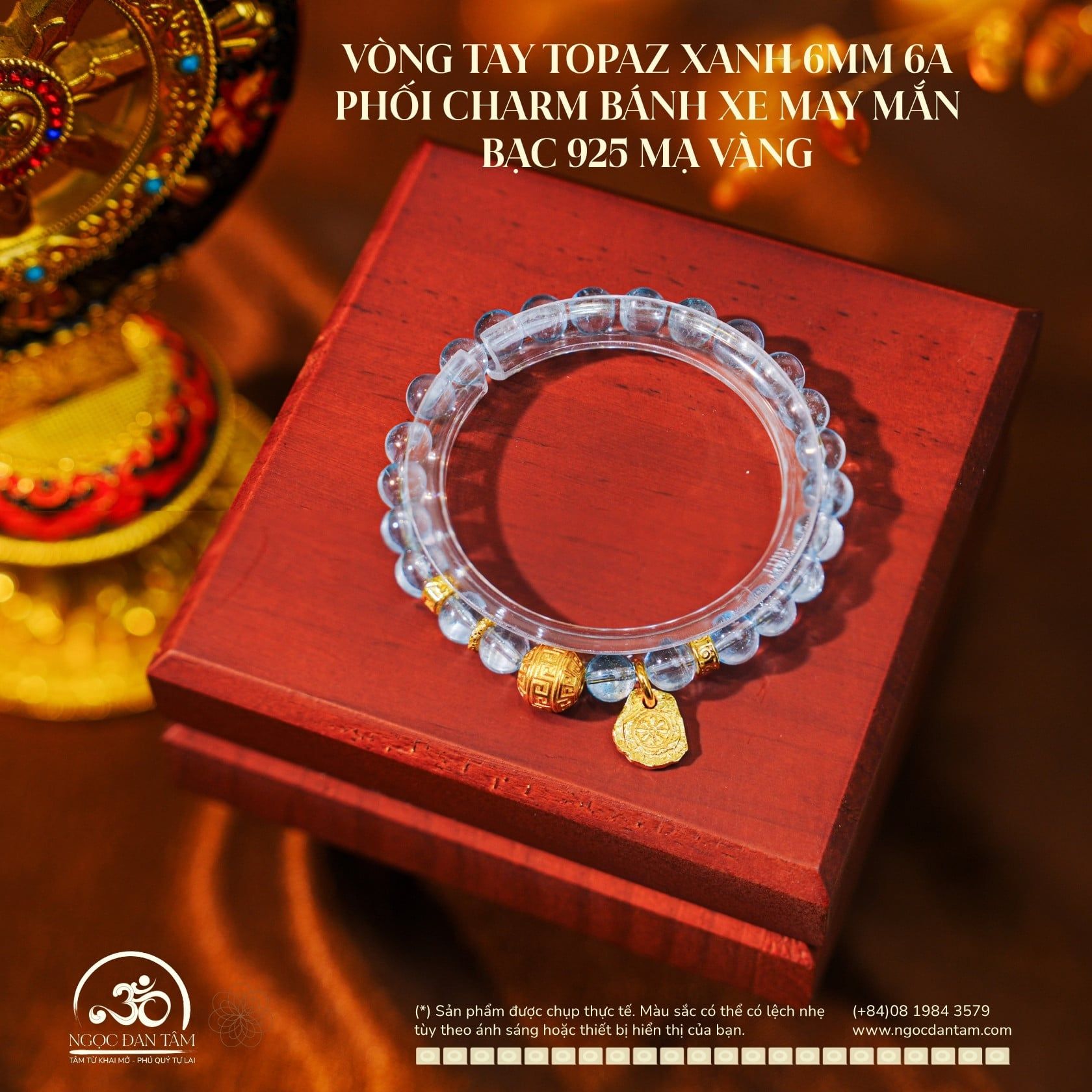  Vòng Tay Topaz Xanh 6mm 6A Phối Charm Bánh Xe May Mắn 