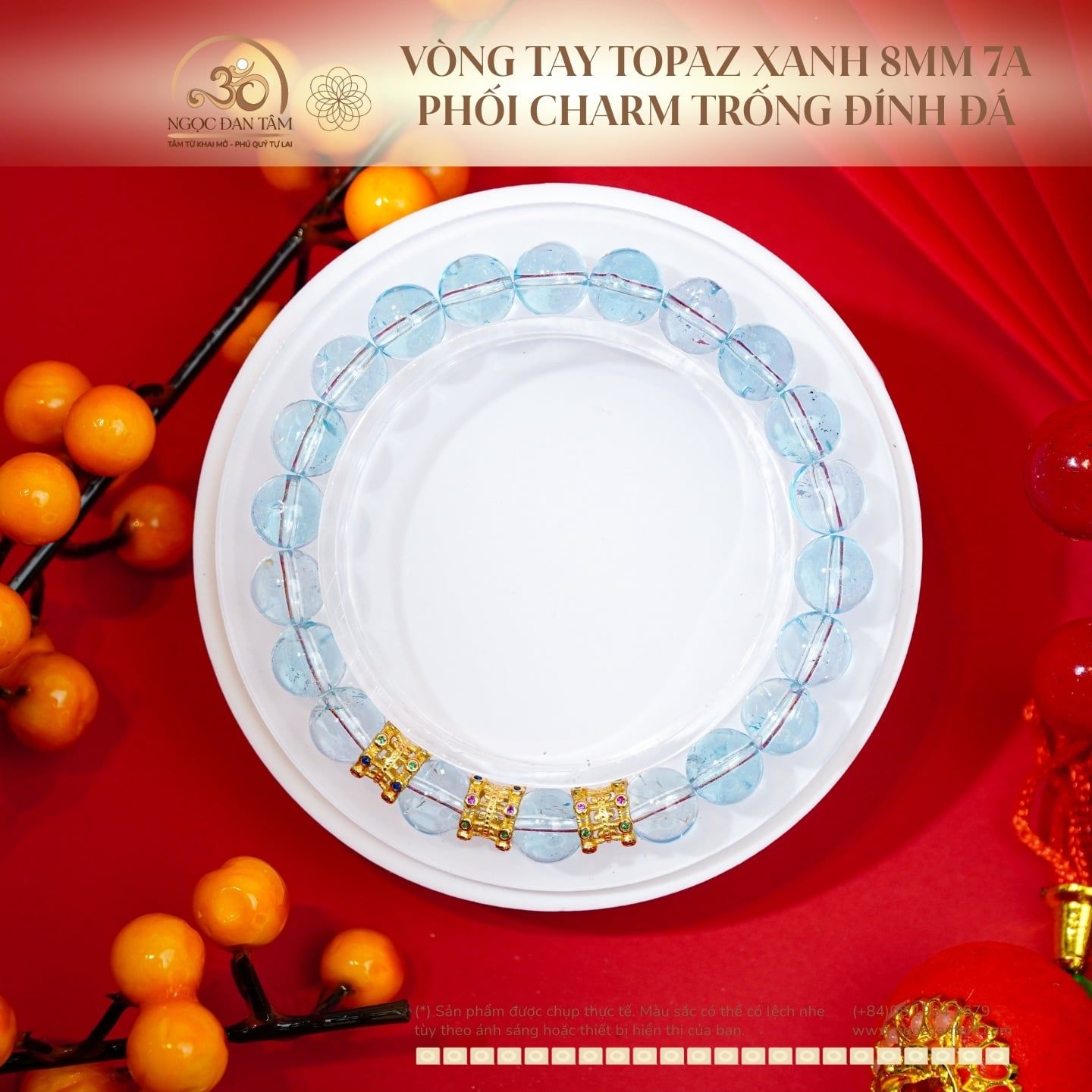  Vòng Tay Topaz Xanh 8mm 7A Phối Charm Trống Đính Đá 