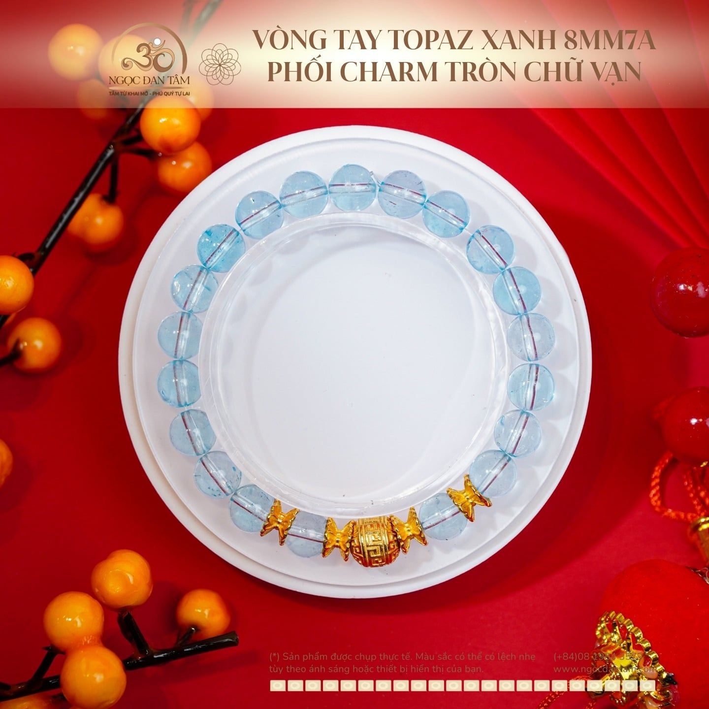  Vòng Tay Topaz Xanh 8mm7A Phối Charm Tròn Chữ Vạn 