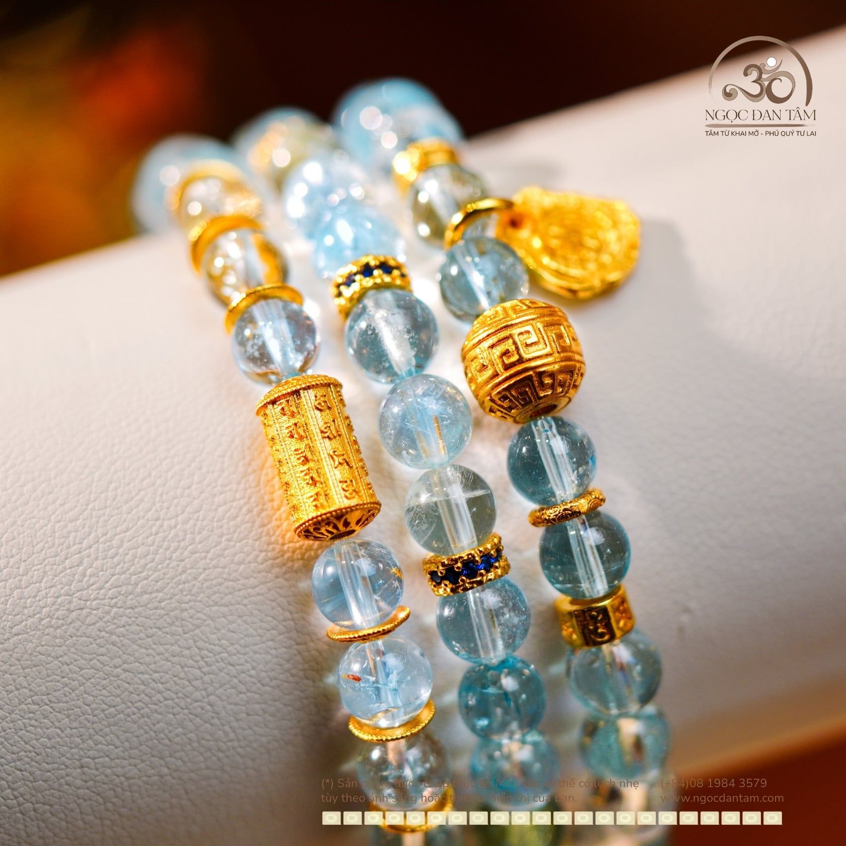  Set 3 Vòng Tay Topaz Xanh 6mm 6A Phối Charm Bạc 925 Mạ Vàng Cao Cấp 