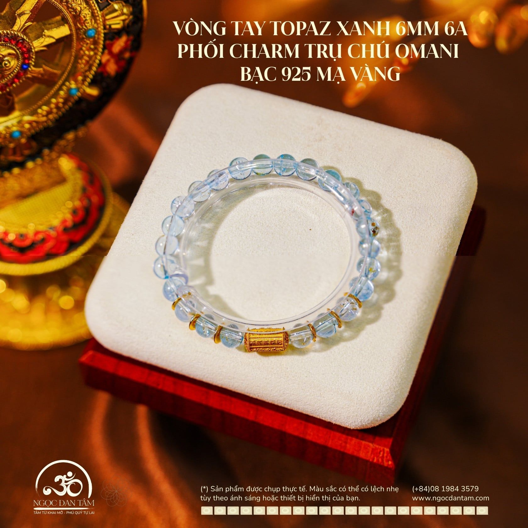  Vòng Tay Topaz Xanh 6mm 6A Phối Charm Trụ Chú Omani Bạc 925 Mạ Vàng 