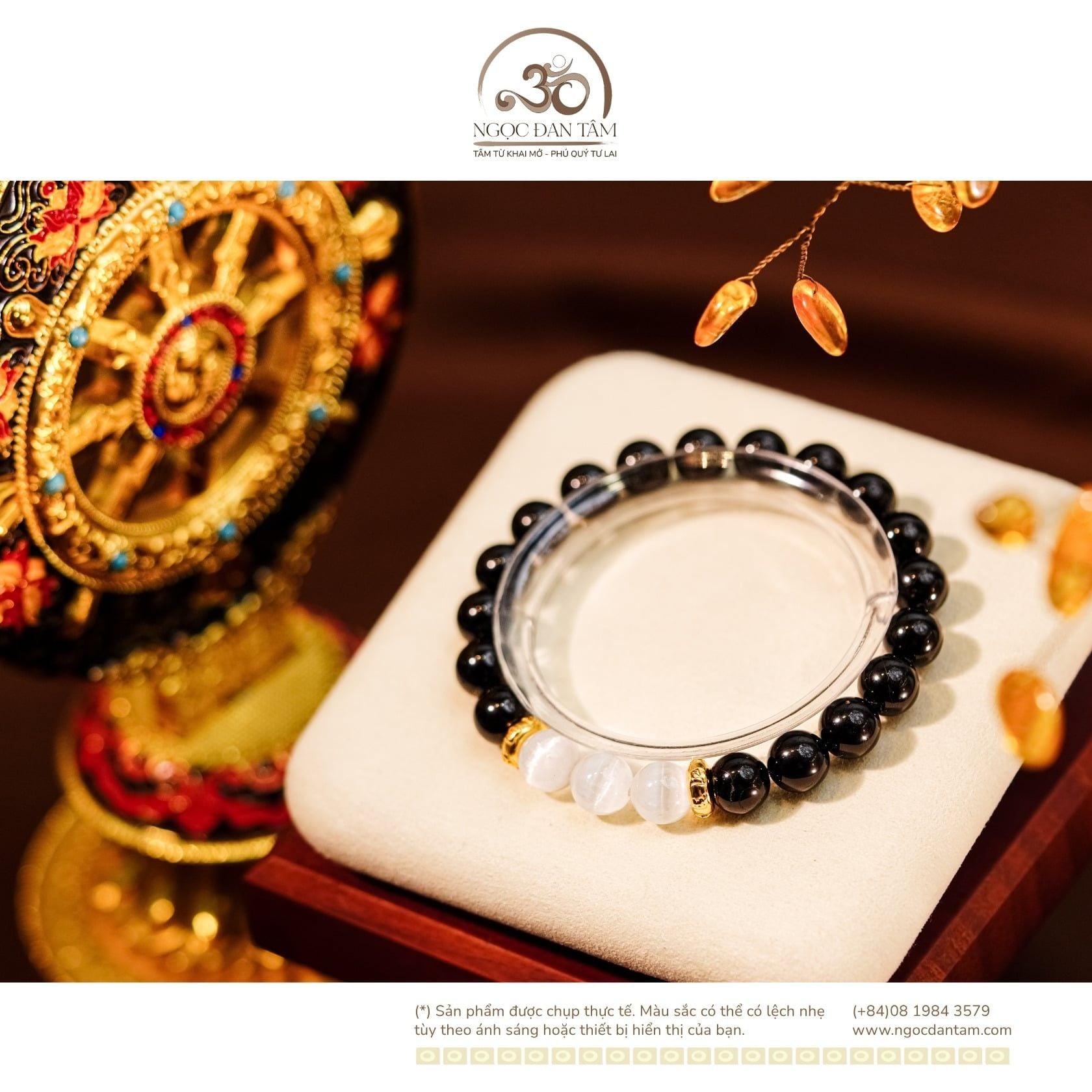  Vòng Tay Tourmaline Đen 8mm 2A, Đá Selenite 8mm 3A Phối Charm Tròn Lục Tự 