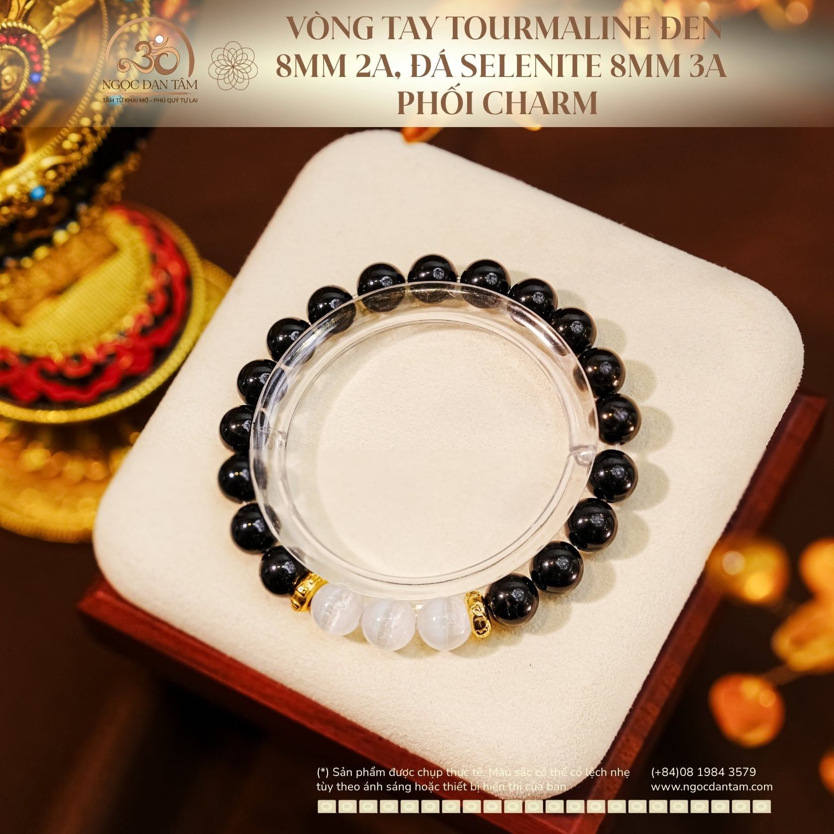  Vòng Tay Tourmaline Đen 8mm 2A, Đá Selenite 8mm 3A Phối Charm Tròn Lục Tự 