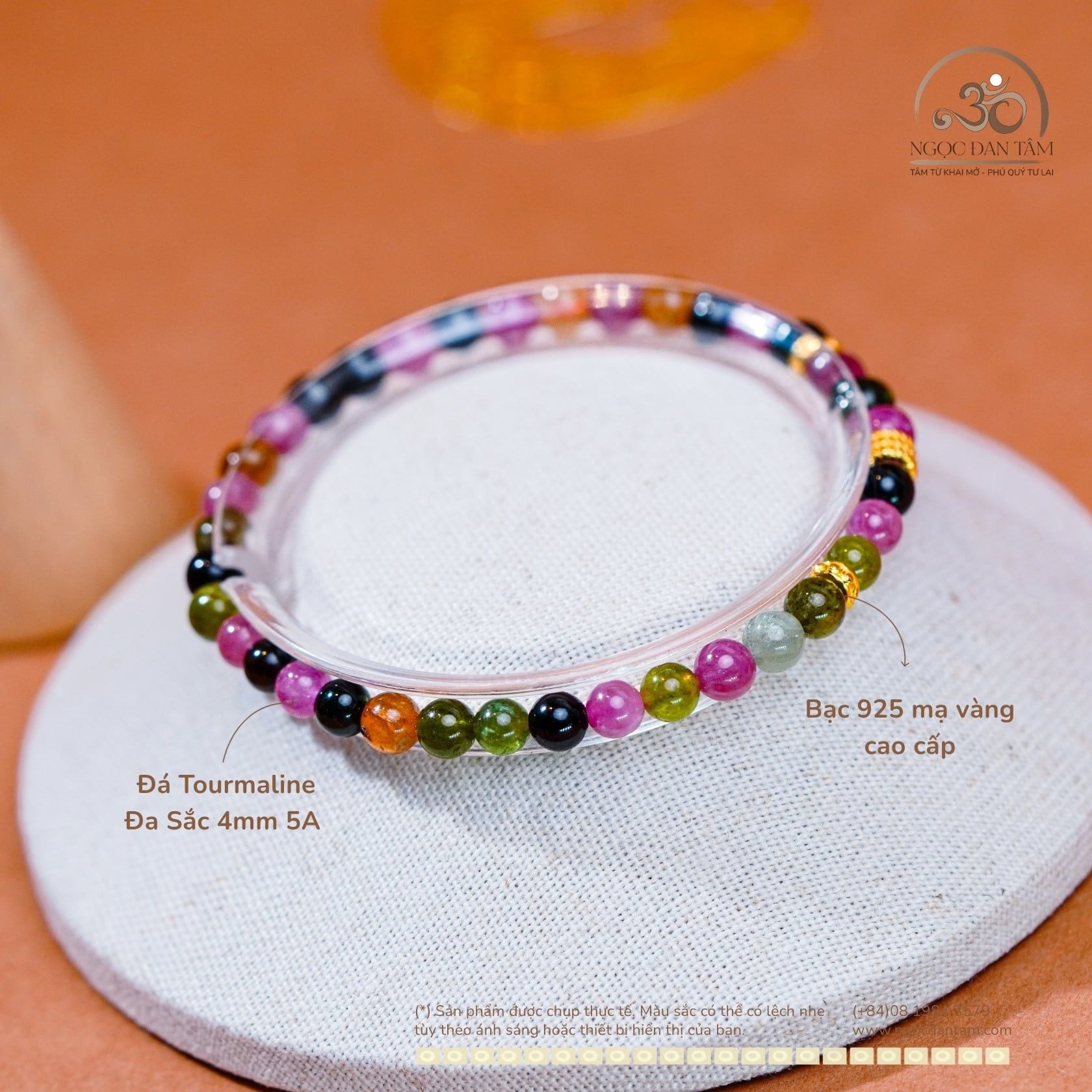  Vòng Tay Đá Tourmaline Đa Sắc 4mm 5A Phối Charm 3 Vòng 