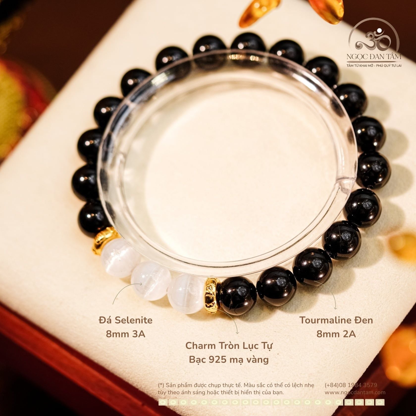  Vòng Tay Tourmaline Đen 8mm 2A, Đá Selenite 8mm 3A Phối Charm Tròn Lục Tự 