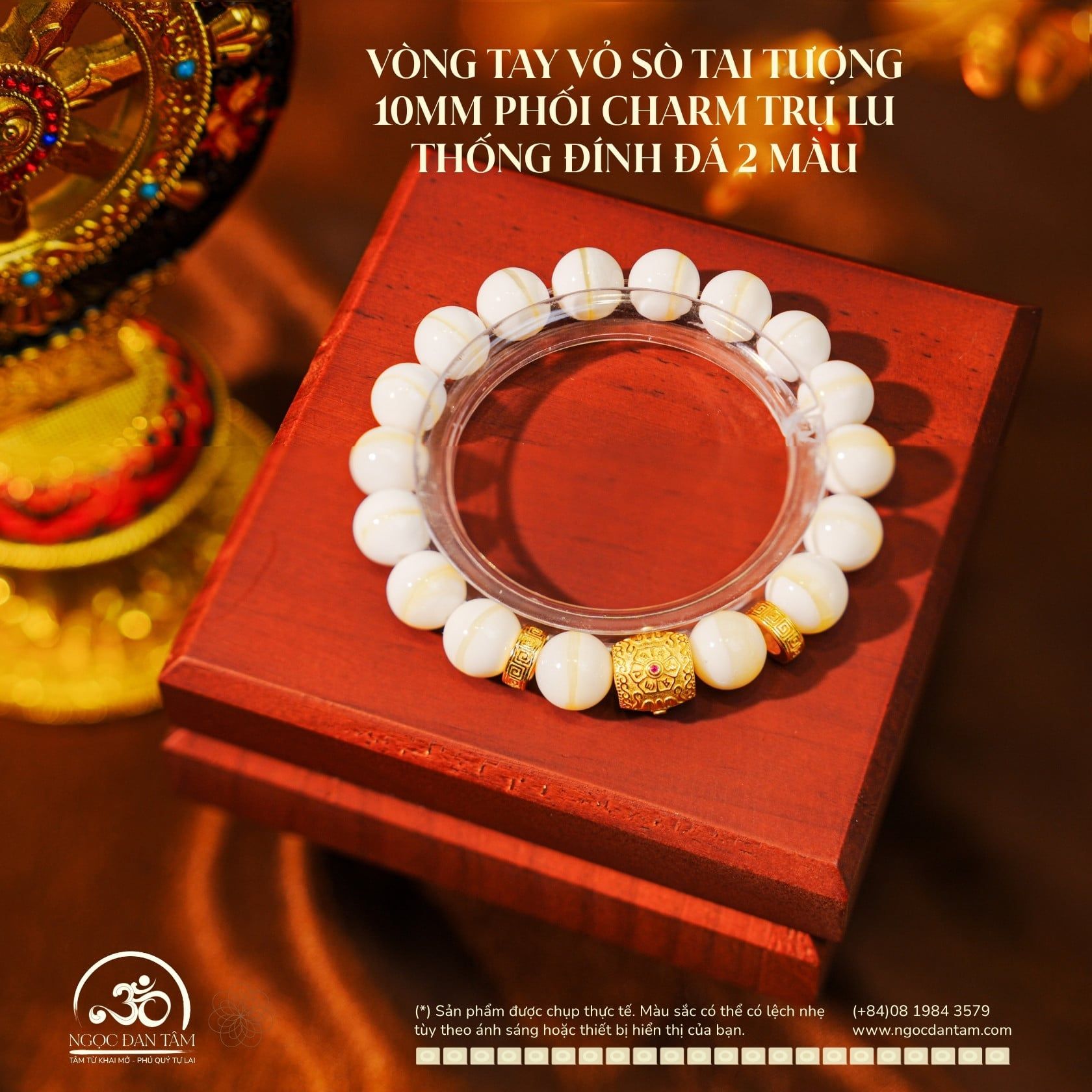  Vòng Tay Vỏ Sò Tai Tượng 10mm Phối Charm Trụ Lu thống Đính Đá 