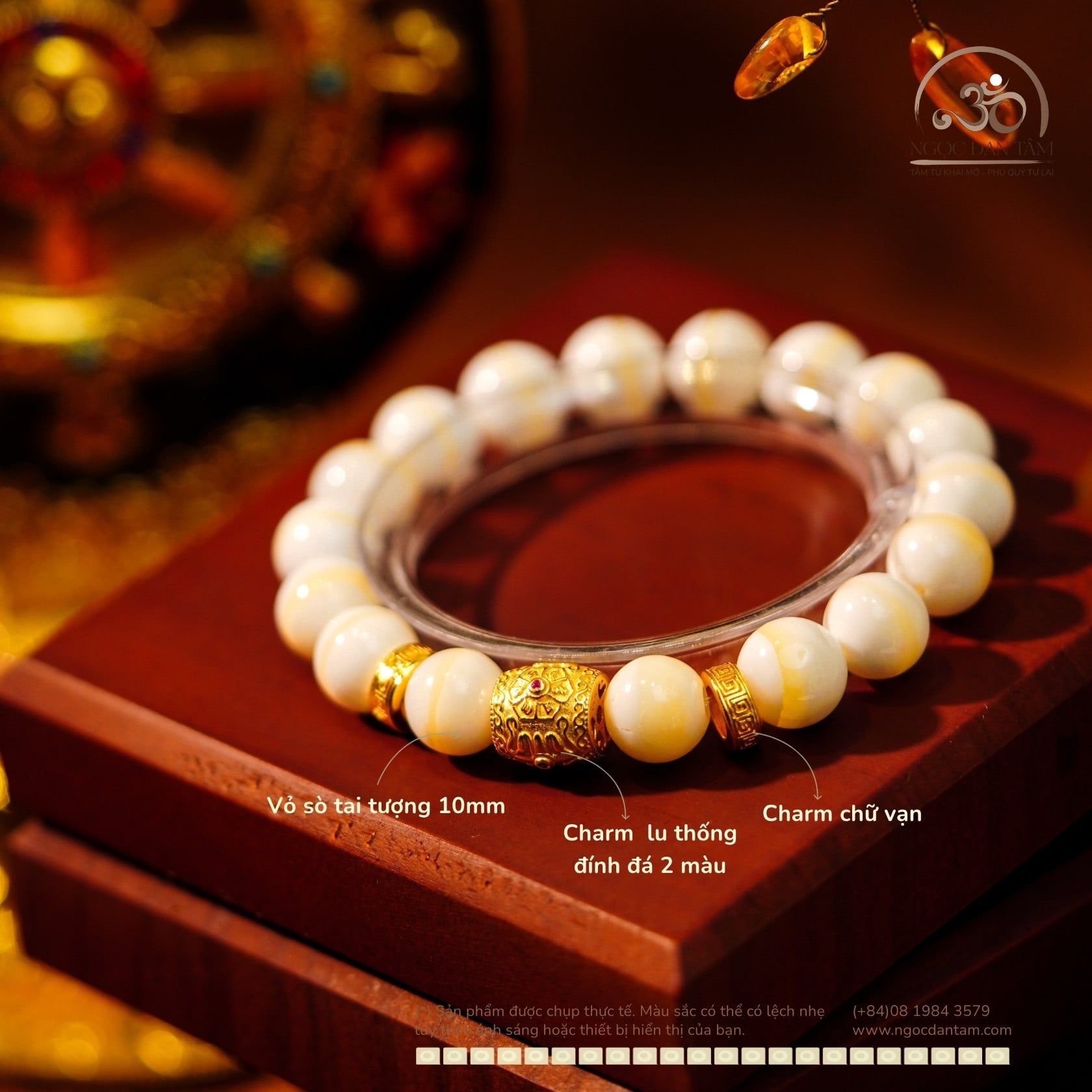  Vòng Tay Vỏ Sò Tai Tượng 10mm Phối Charm Trụ Lu thống Đính Đá 