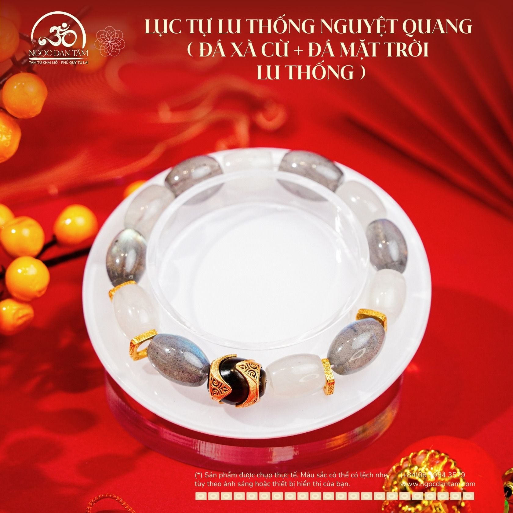  Vòng Tay Lục Tự Lu Thống Nguyệt Quang (Đá Xà Cừ + Đá Mặt Trời Lu Thống) 