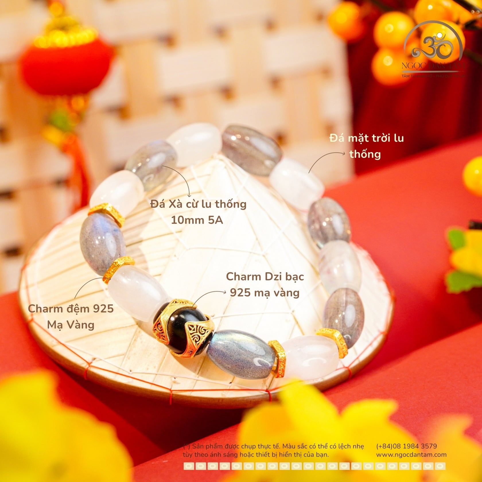  Vòng Tay Lục Tự Lu Thống Nguyệt Quang (Đá Xà Cừ + Đá Mặt Trời Lu Thống) 